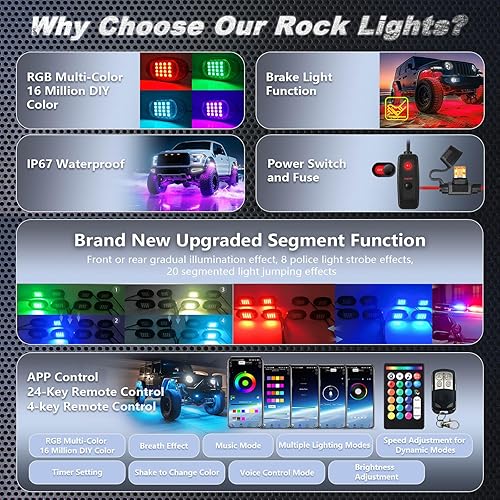 Miniatura 2 de 8Pods - Kit de luces LED RGB segmentadas para Jeep, camiones, UTV, ATV, carrito de golf, RZR SXS Offroad cuatro ruedas con control remoto APP/RF