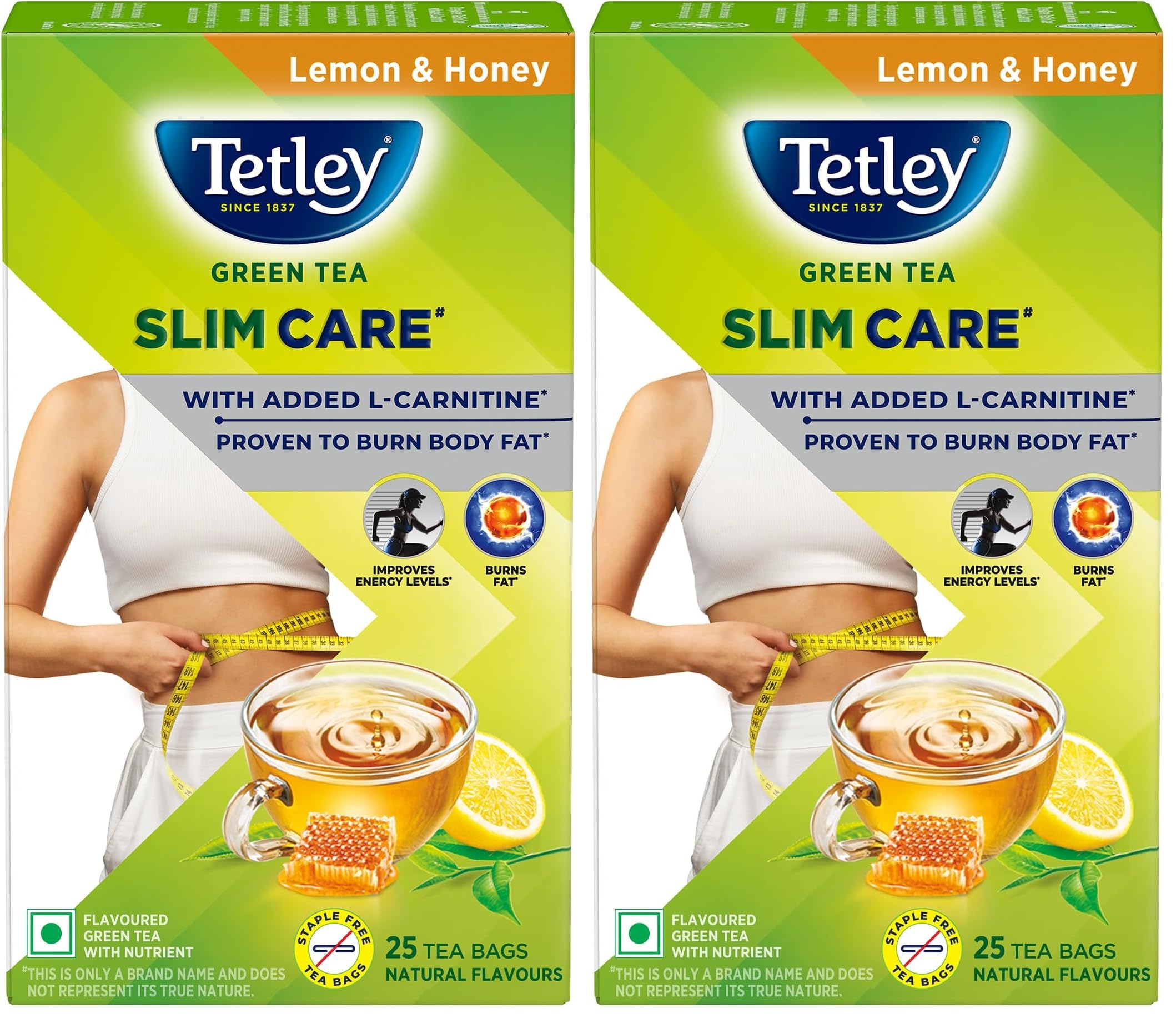 Tetley Green Tea Slim Care, With Added L-Carnitine, Helps Burn Body Fat, Boosts Energy, Low Calories, Delicious Natural Lemon and Honey Flavours, Makes 25 cups (Pack of 2)-image-20