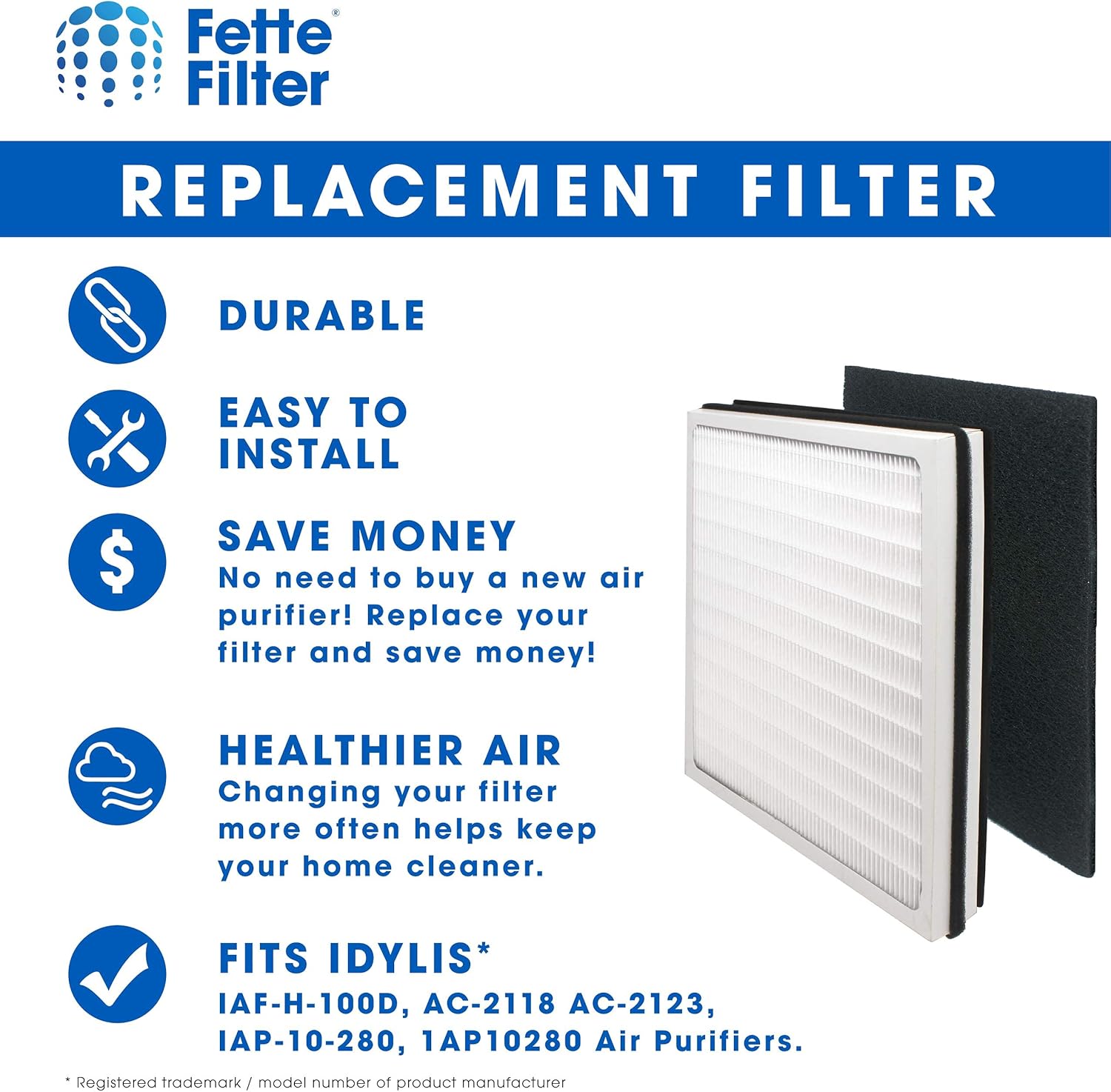 Fette Filter - Air Purifier Filter Compatible with Idylis Air Purifiers Type D. Compatible with IAF-H-100D, AC-2118, IAP-10-280, 1AP10280. Includes 1 HEPA Filter & 1Carbon Filter. - Image 4