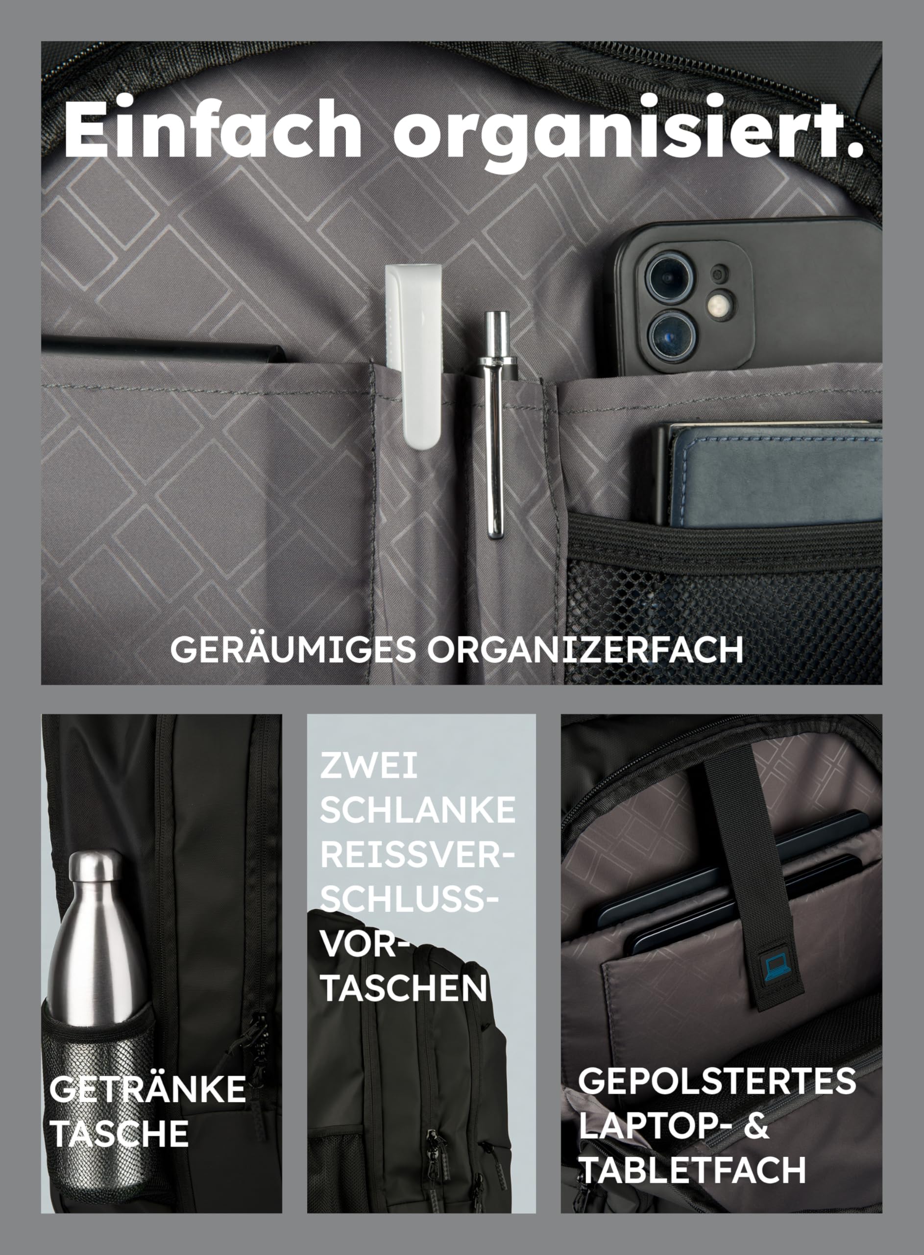 Trolley-Rucksack - Business Laptop- & Tablet-Trolley - Reiserucksack & Handgepäck - wasserabweisend & robust - viele Fächer mit Hauptfach für Kleidung - für Arbeit, Schule, Reisen & Uni