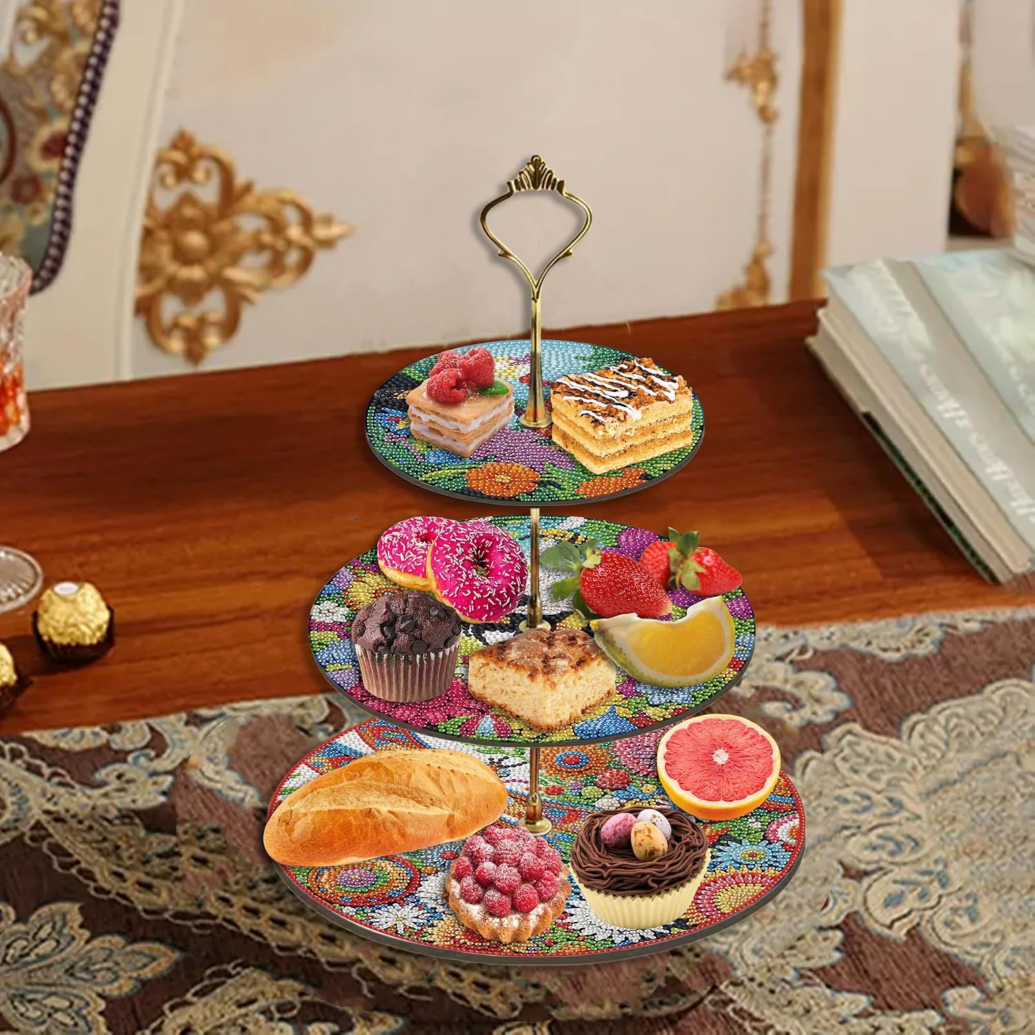 Three-Tier Diamond Painting Wooden Cake Stand DIY Sunflower Diamond Painting Cupcake Towel-Lined Tiered Tray Reusable Pastry Stand (Bee-Attracting Flowers)