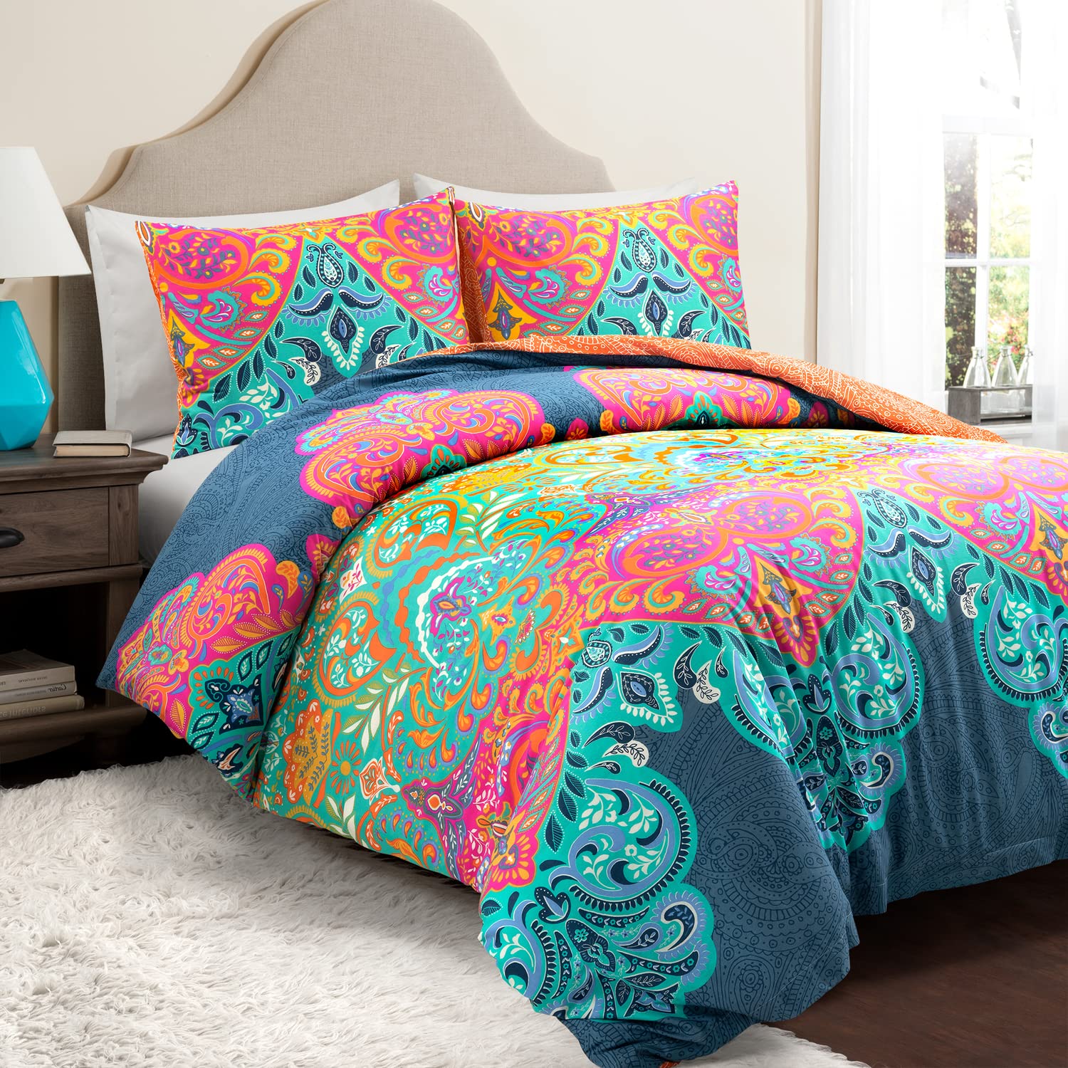 Lush Decor Boho Chic Reversible 3 Piece Cotton Duvet Cover Set, King, Turquoise & Navy