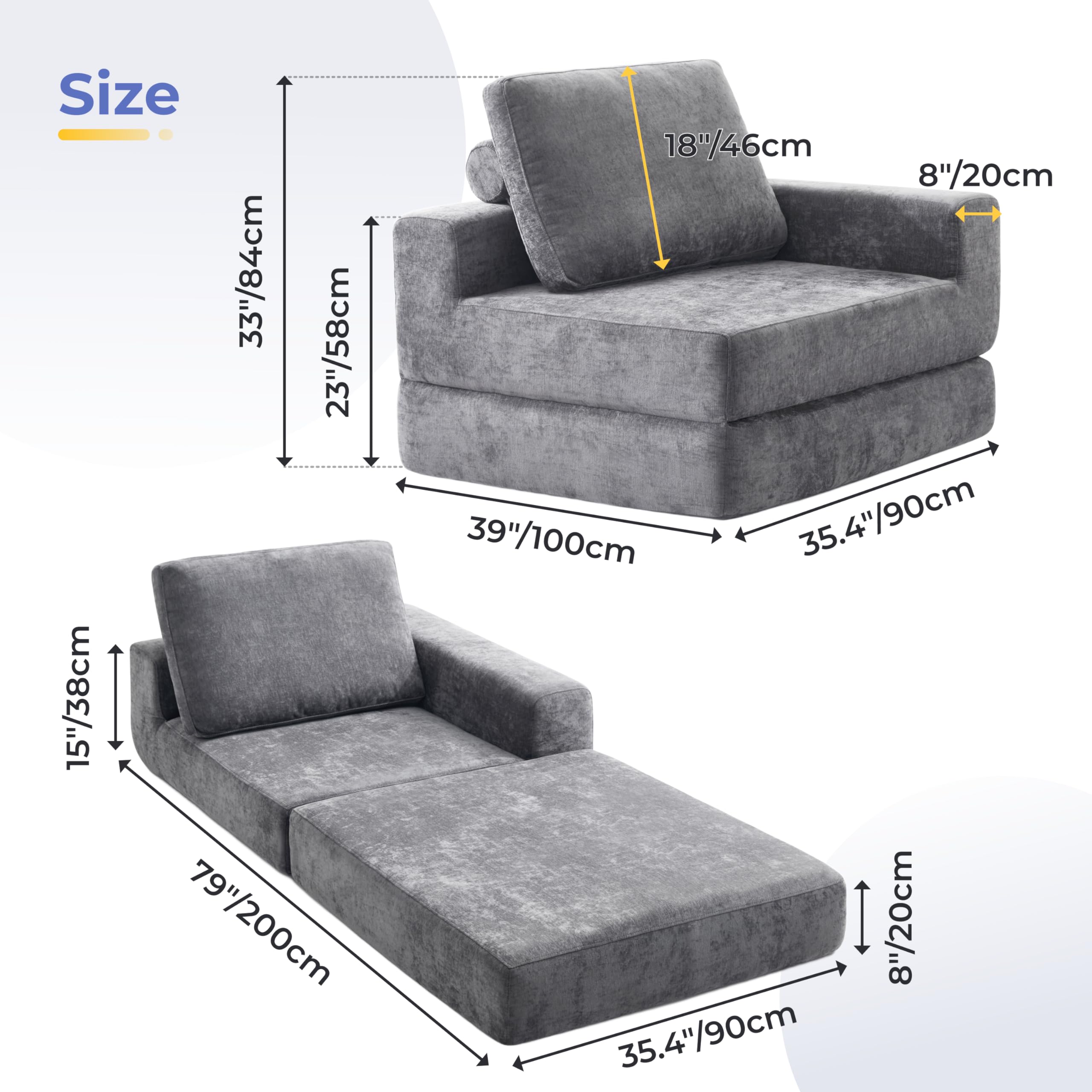 Jamdok Wolnostojąca składana sofa dla dorosłych, fotel do spania z funkcją łóżka bardzo gruby 20 cm, sofa z zimną pianką o wysokiej gęstości, składany materac dla gości do salonu, loftu (1, lewy