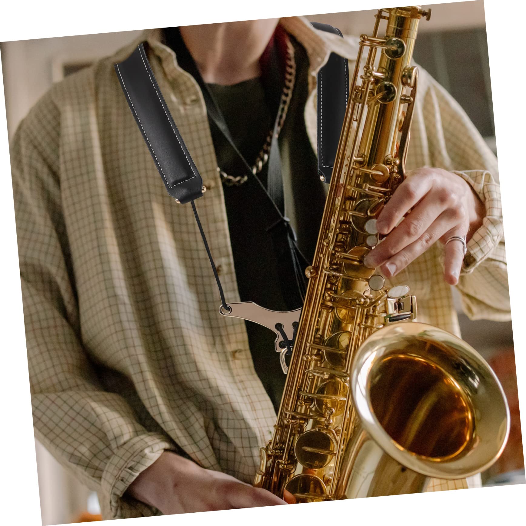 Abaodam Harnais de Saxophone Confortable Noir à 2 Bretelles, Cuir de Vache et Métal Soulage la Nuque pour Alto, Ténor et Soprano