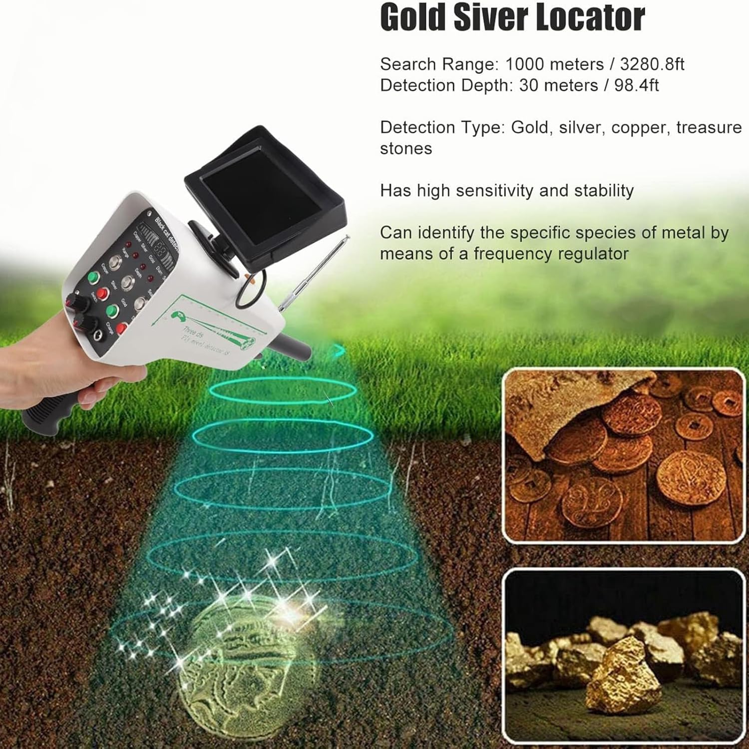 Rivelatore professionale per scanner in metallo, rilevamento oro a lungo raggio, profondità 30 m, gamma 1000 m, identificazione del tipo di metallo, frequenza di trasmissione 5.6-6KHZ, frequenza del