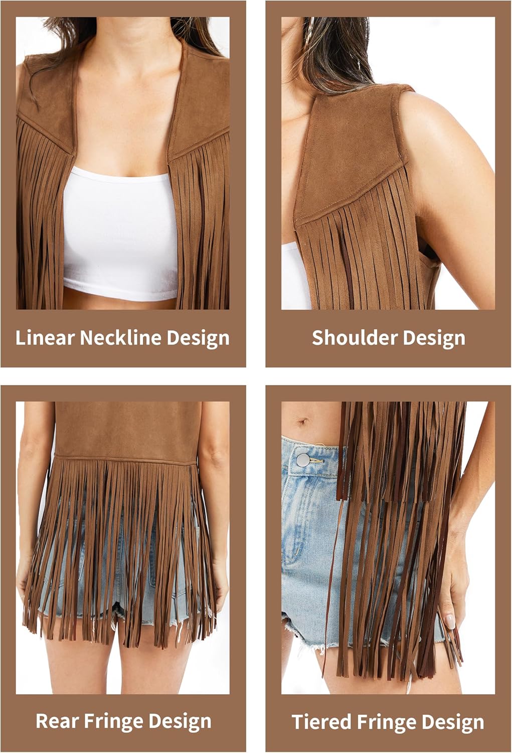 Fahsyee Fringe Vest Women Western Outfits 70s Hippie Cowgirl Sleeveless Top Faux Suede Tassel S-XXL - Image 6