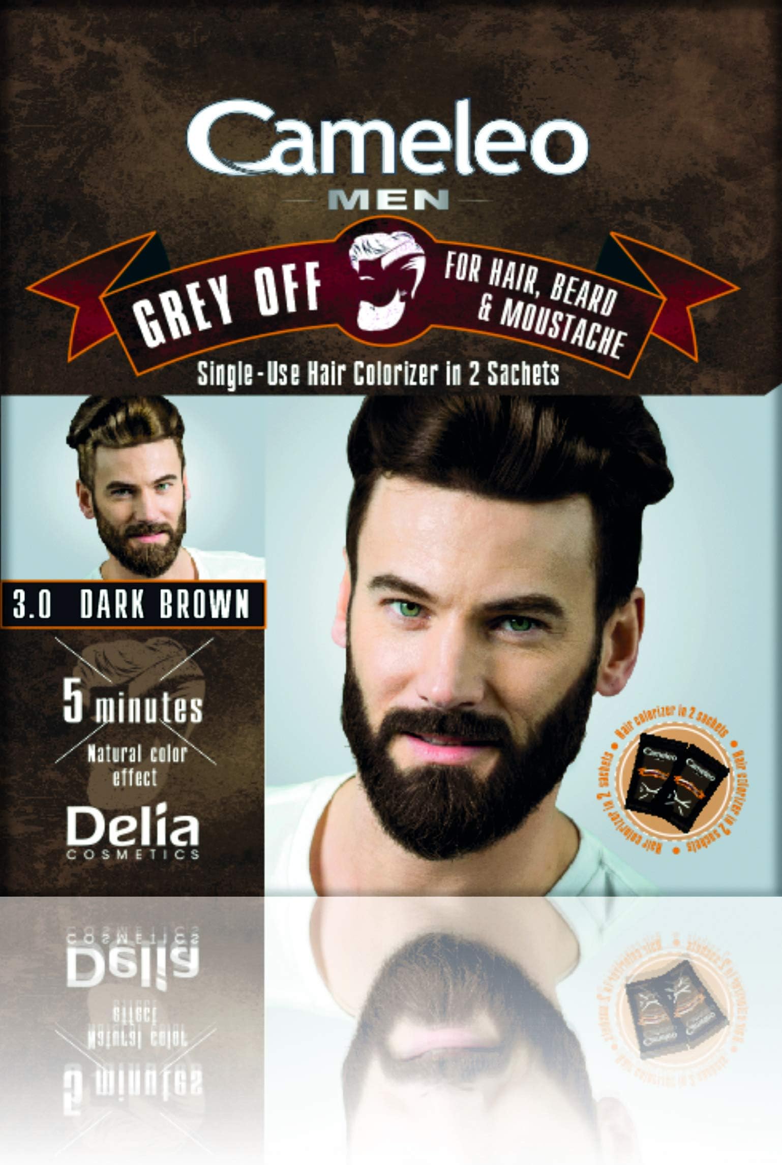 Cameleo Men Hair Beard Mustache Dark Brown Color Cream Grey OFF - Ammonia, PPD Free, 5 min (pack of 3)