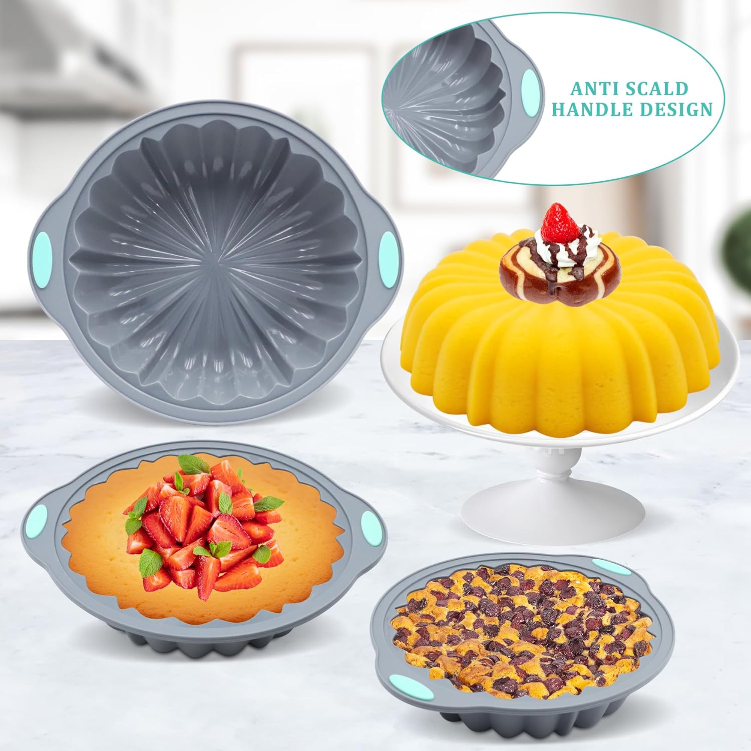 3-Piece Silicone Round Cake Pan Set, Metal-Frame Non-Stick Baking Trays, Jelly Molds, Non-Stick Grooved Cake Molds, Suitable for Breads, Meat Patties, Cakes, 5/7/9 Cups, Light Gray