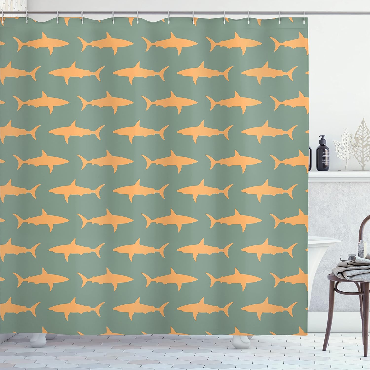Ambesonne Sea Animals Shower Curtain, Sharks Swimming Horizontal Silhouettes Powerful Dangerous Wild Life, Cloth Fabric Bathroom Decor Set with Hooks, 69" W x 70" L, Peach Grey