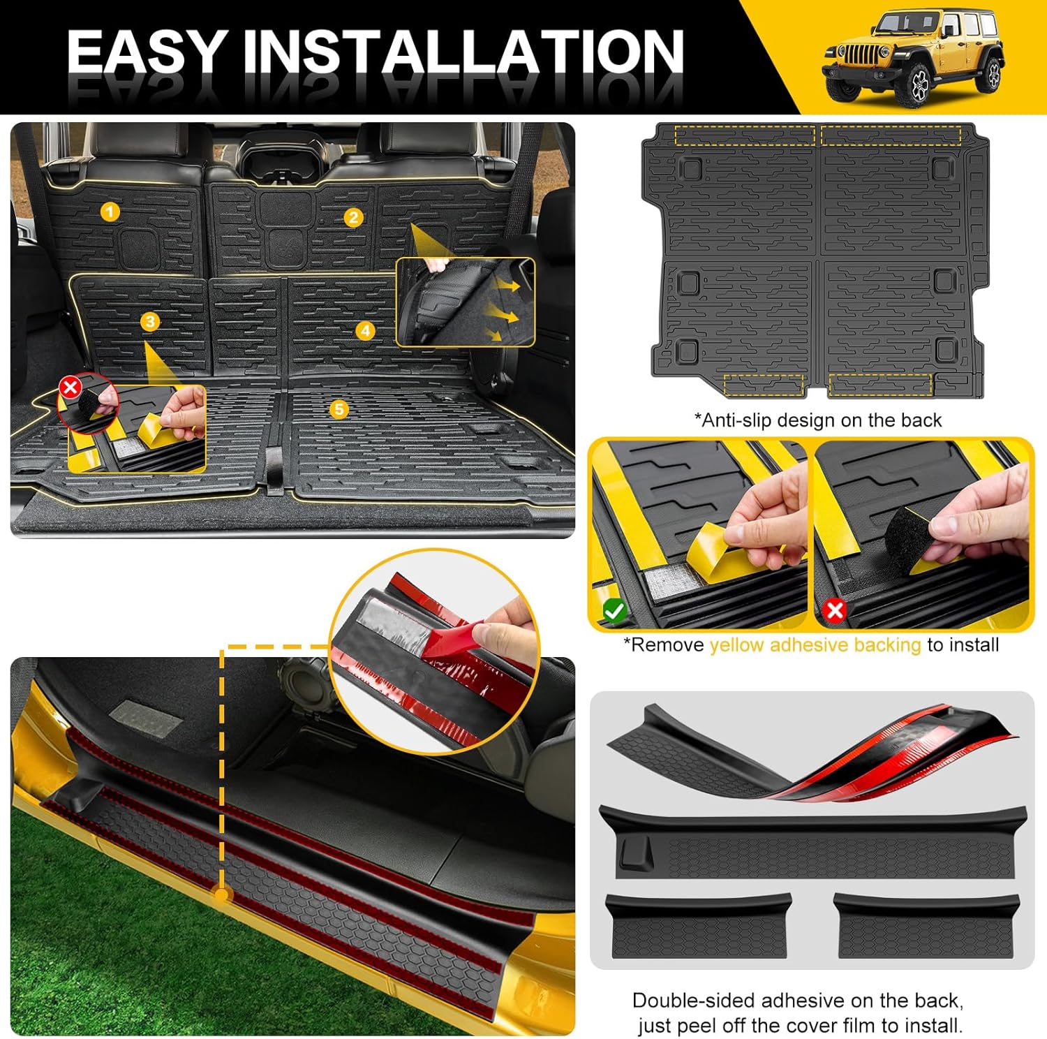 Cargo Mats with Door Sill Guards for 2018-2025 Jeep Wrangler JL Unlimited 4X4 Accessories All Weather Rear Seat Back Cover Trunk Liner Door Sill Protector for JL JLU Gas Type 4 Door(Not 4XE)