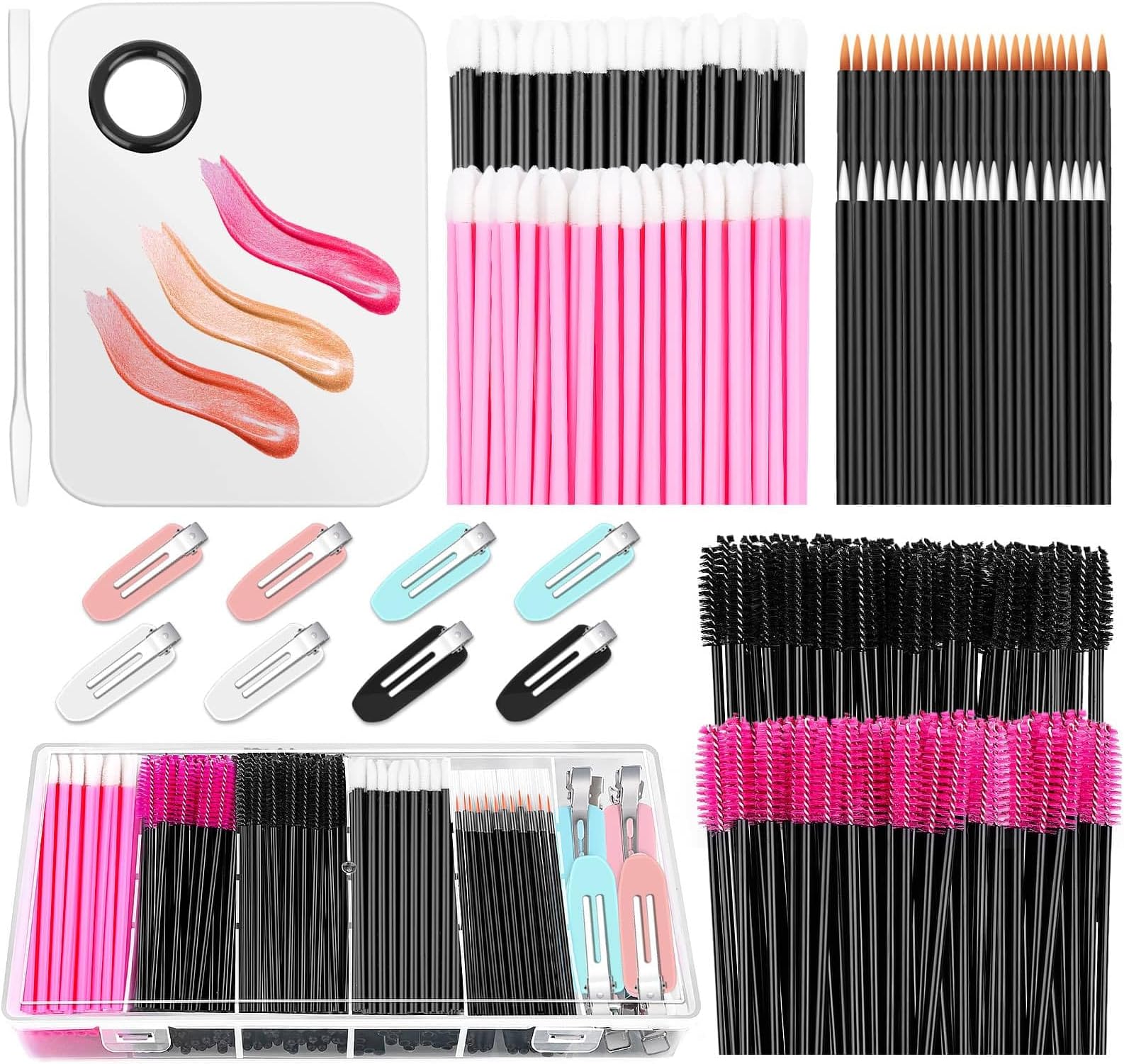 Shynek Makeup Mixing Tray with Disposable Accessories Kit - Mascara Wands, Lip Applicators, Hair Clips & Organizer Box