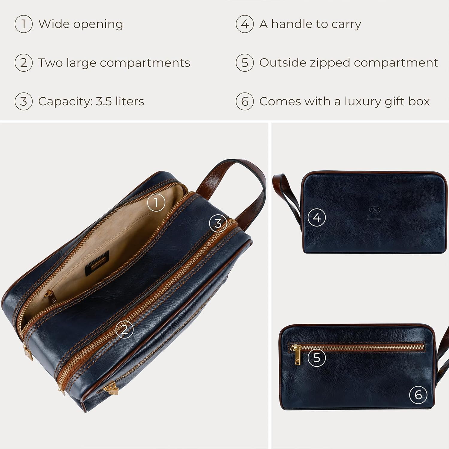 Time Resistance Leather Cosmetic Bag Toiletry Italian Classy Dopp Kit