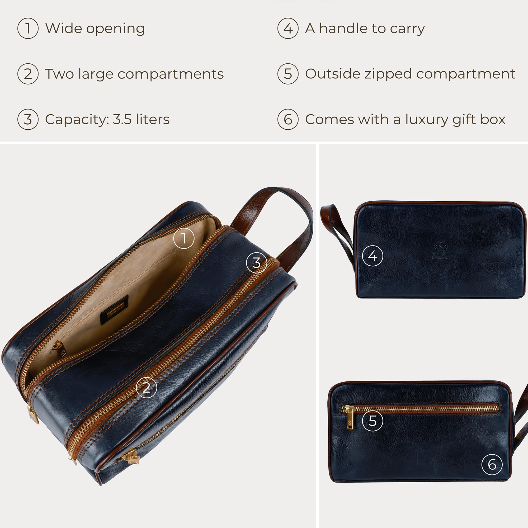 Beauty Case Uomo Pelle Realizzato in Italia da Esperti Artigiani – Beauty da Viaggio con 2 Scomparti, Tasche Interne ed Esterne – Borsa da Toilette da Viaggio – Time Resistance