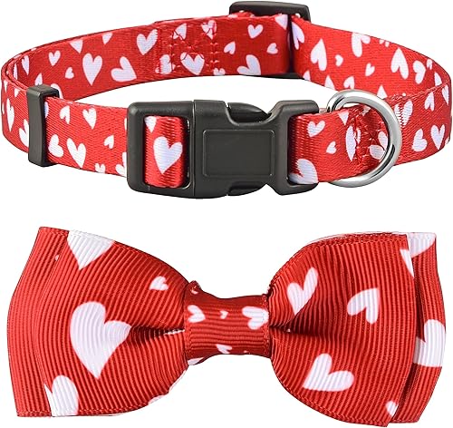 Collar de perro de San Valentín con corbatín, pajarita de corazón, San Valentín para perros grandes, medianos y pequeños (M, corazones blancos de