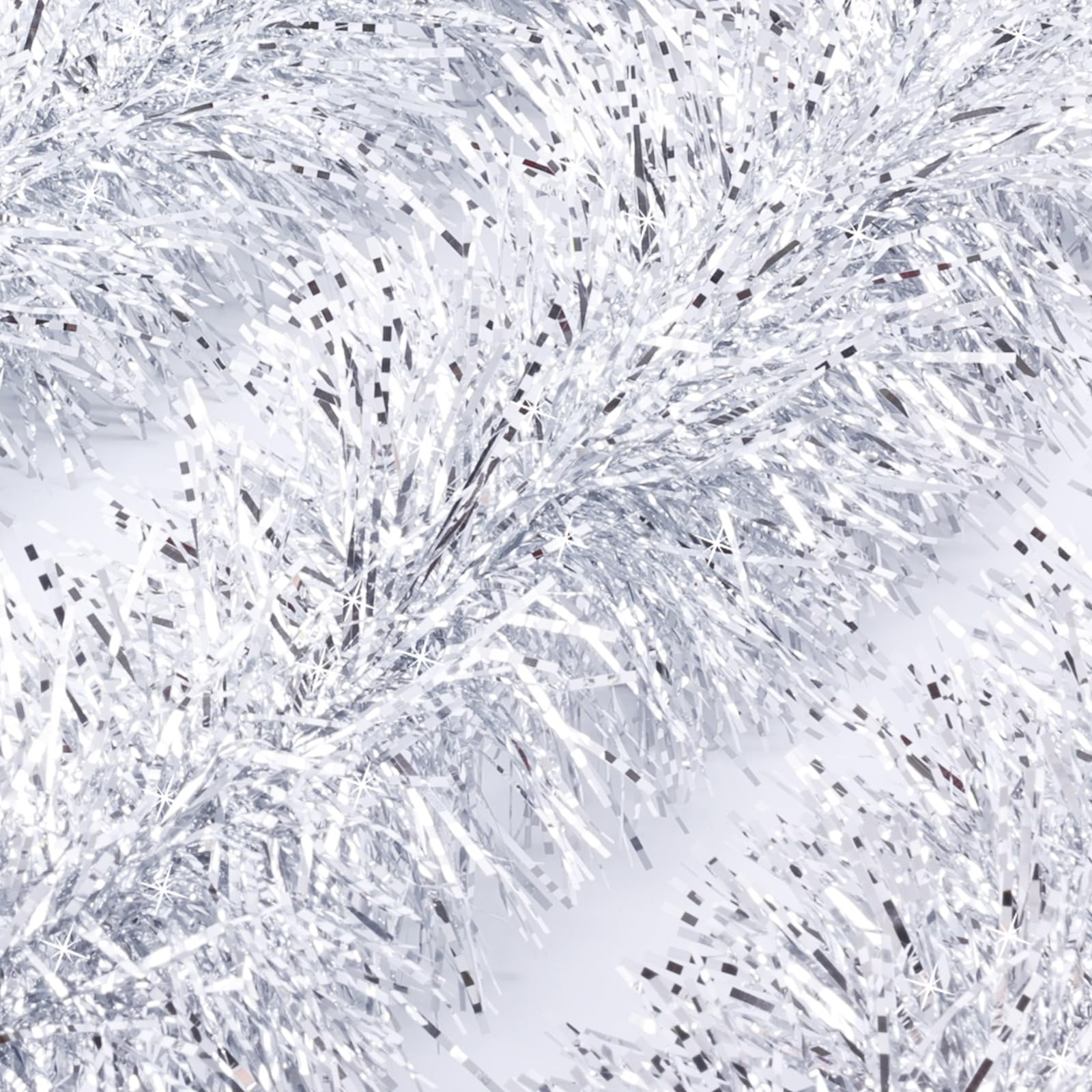 50Ft Christmas Tinsel Garland, Silver Snowflake Metallic Twist Garland for Xmas Tree Decorations, Tinsel for New Year Party Ceiling Hanging