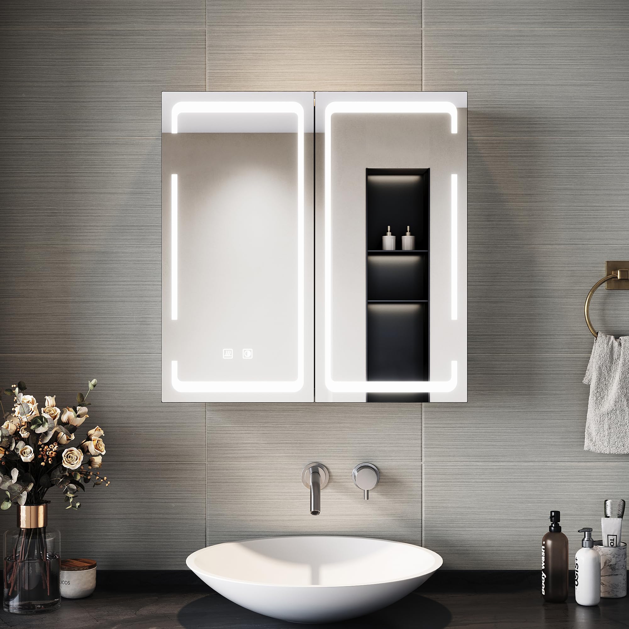 SIRHONA Armoire Miroir Salle de Bain avec Miroir, Armoire Pharmacie avec 3 Couleurs de Lumière Réglables et Anti-Buée, Armoire de Toilette avec Charnière Aans Fil, 59 x 60 x 14cm