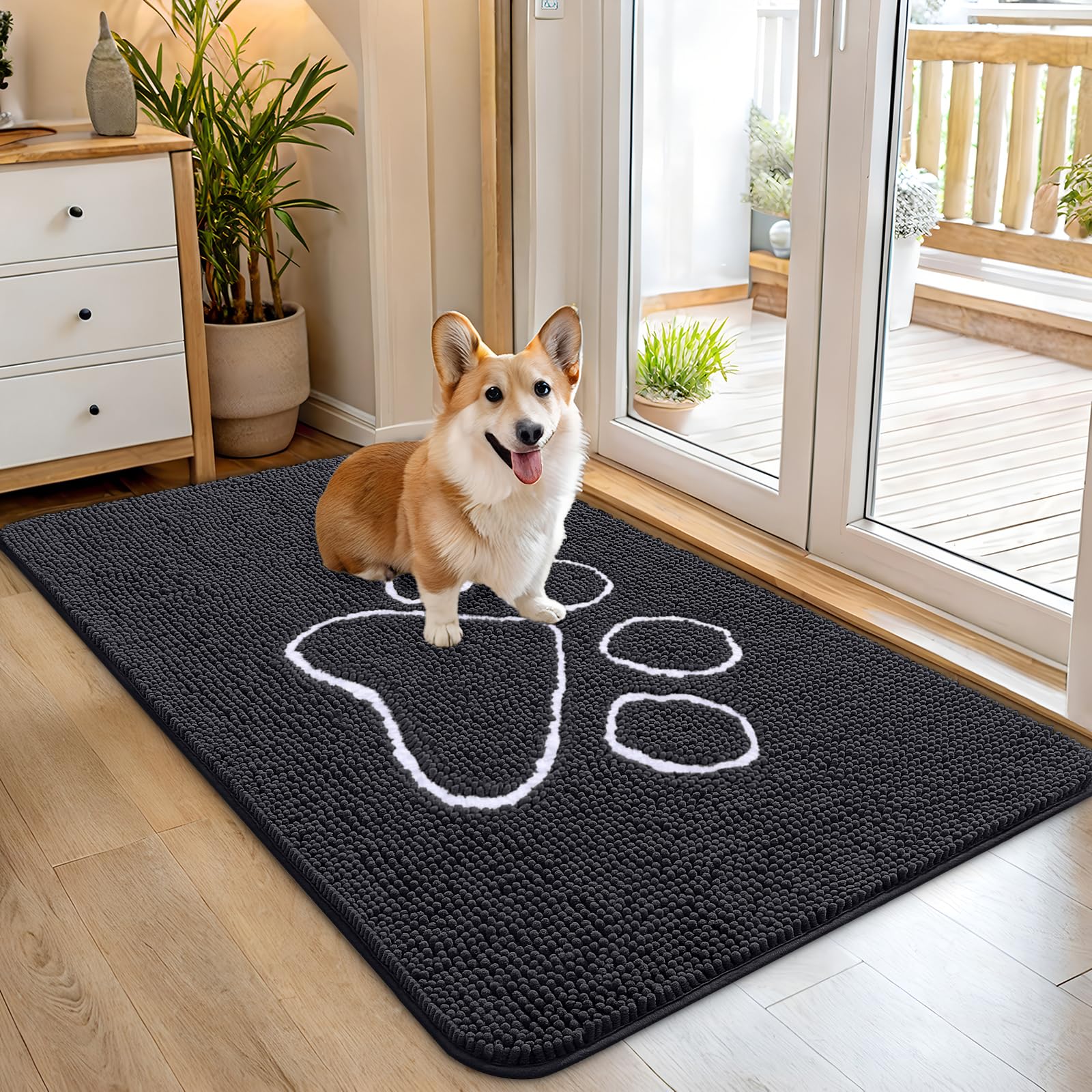 OLANLY Dog Door Mat for Muddy Paws 45x27, Paw Print Design Chenille Mud Mat