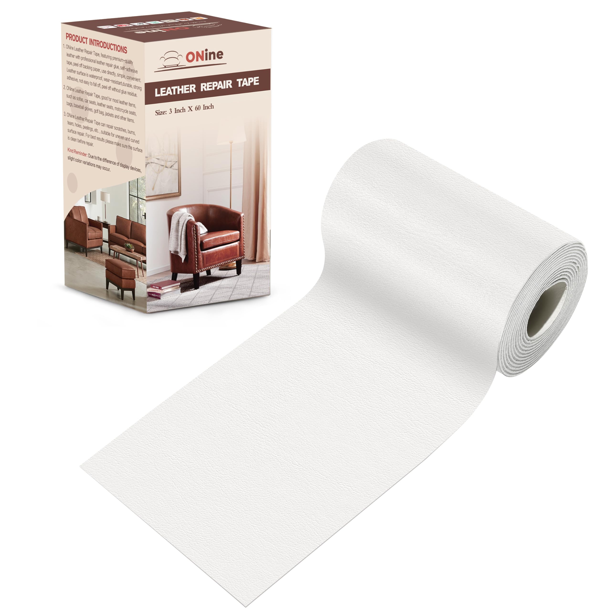 ONine Leather Repair Patch，Leather Repair Tape, 3 x 60 inches Leather Repair Patch for Furniture,Vinyl Repair kit，Leather Couch Patch，for Sofas, Furniture, car Seats(White)