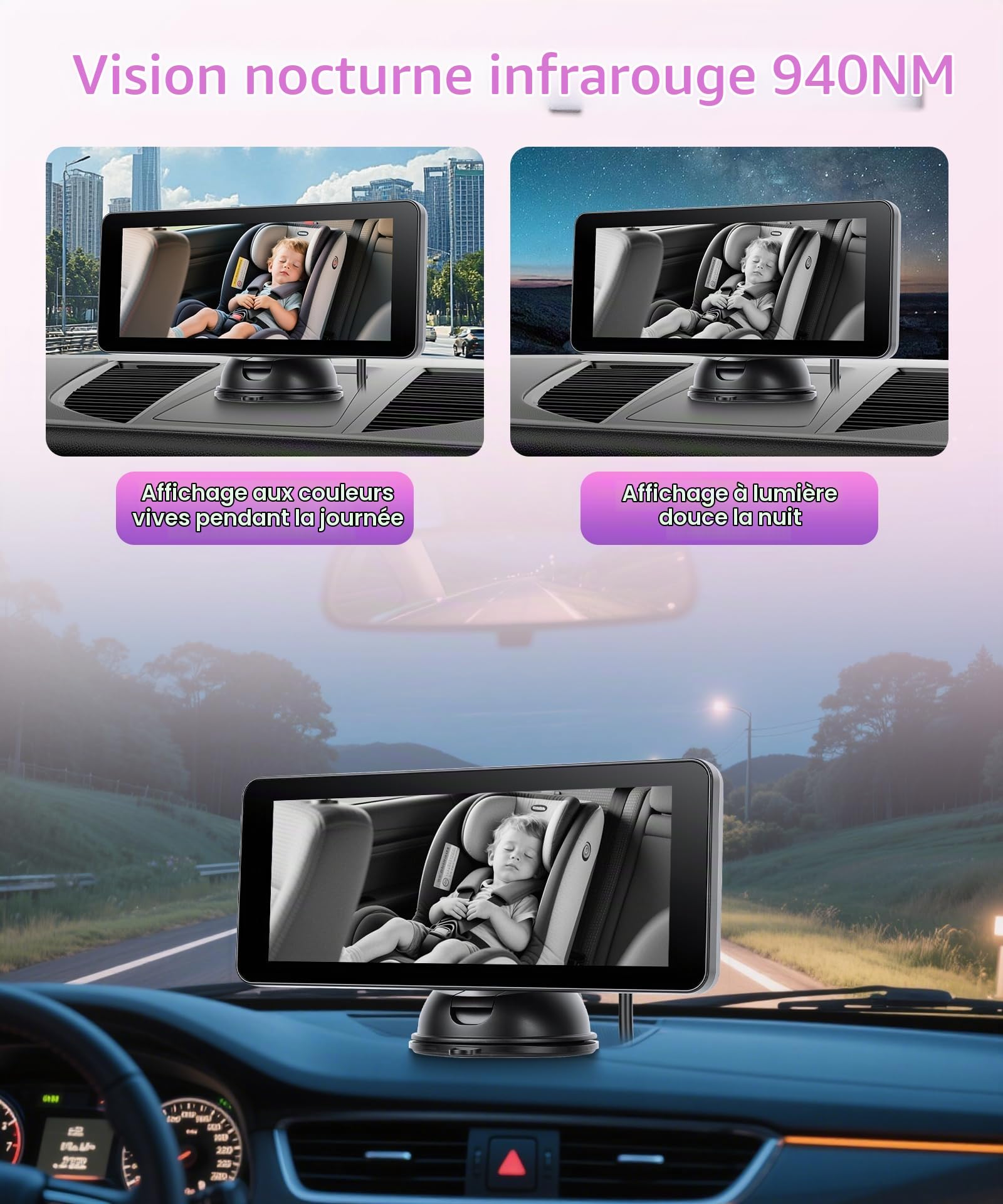 Camera Voiture pour Bébé pour Enfants avec Caméra de Recul de plaque d'immatriculation, 6,86 Pouces Écrans Partagés, Miroir Voiture Bébé 1080P Retroviseur Voiture Bebe Rotative 360° IR Vision Nocturne