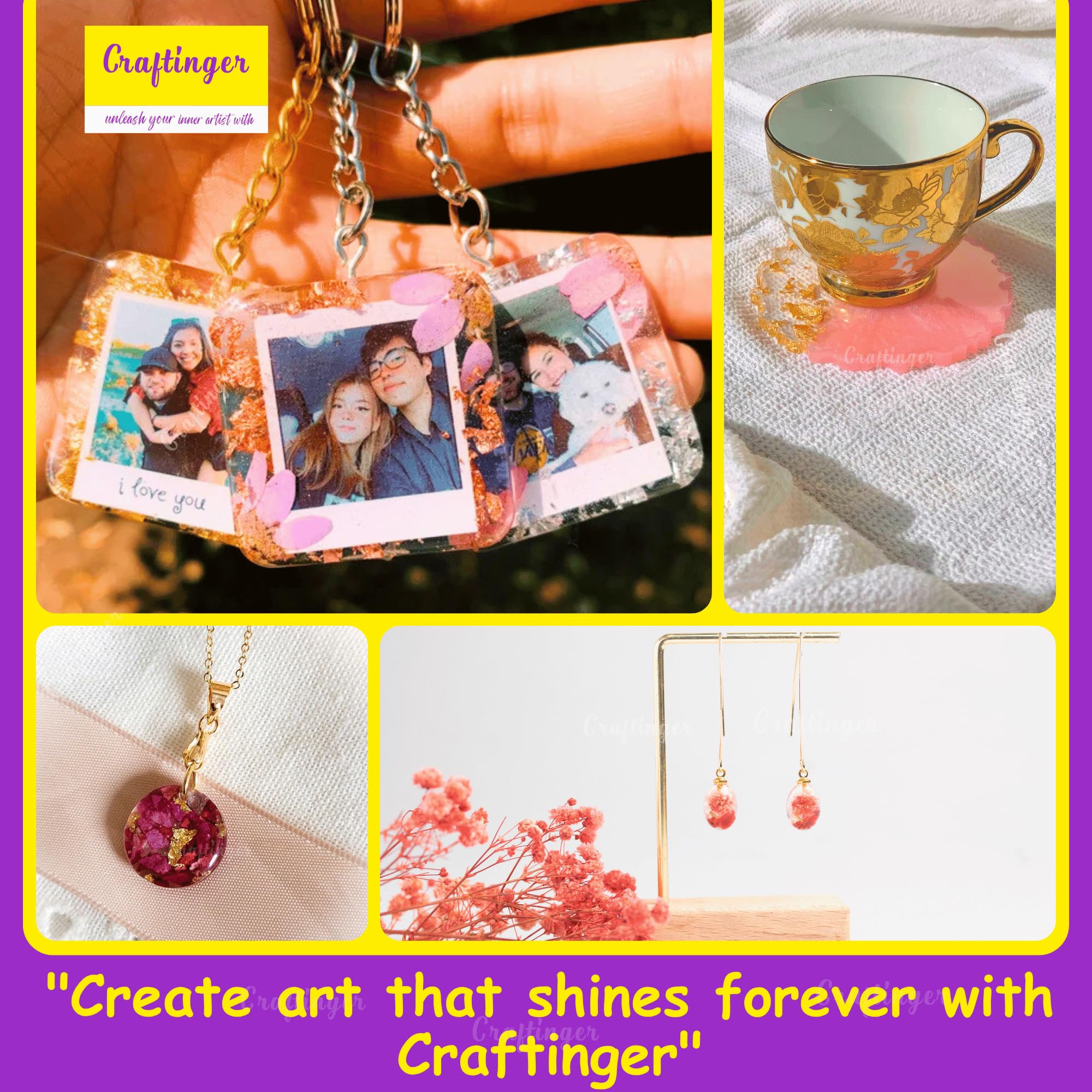 Craftinger Diy Resin Keychain Coaster Jwellery Making Kit With 300Gm Epoxy Resin&Mould, Glitter Pigments And More,Multicolor 2
