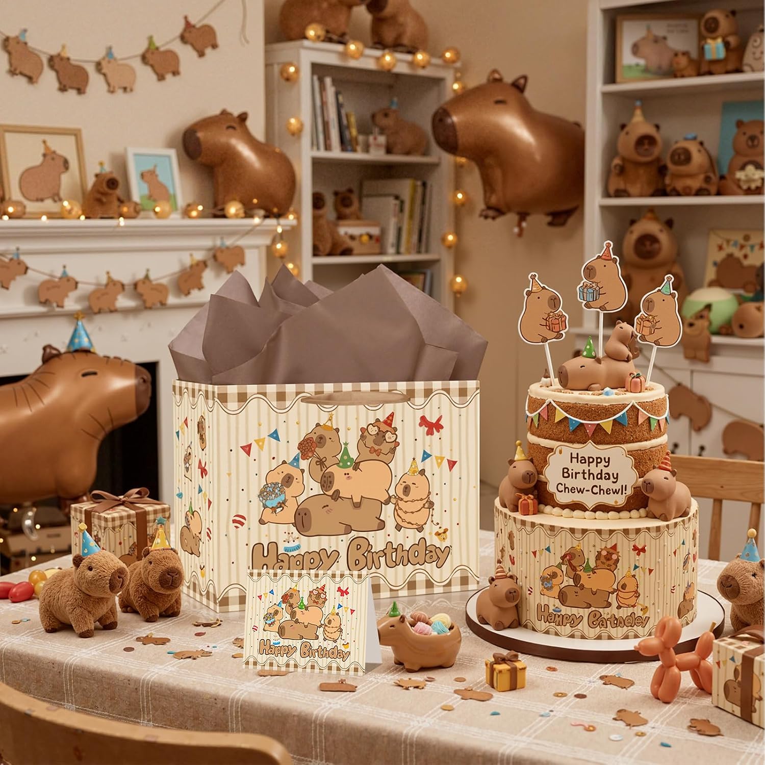 Large Capybara Birthday Gift Bag,Cute Capybara Wrapping Paper Bag Yellow Capybara Party Decoration Gift Bag with Tissue Paper and Greeting Card for Capybara Animal-Themed Birthday Party Supplies (Adorable Capybara Pattern) image 5