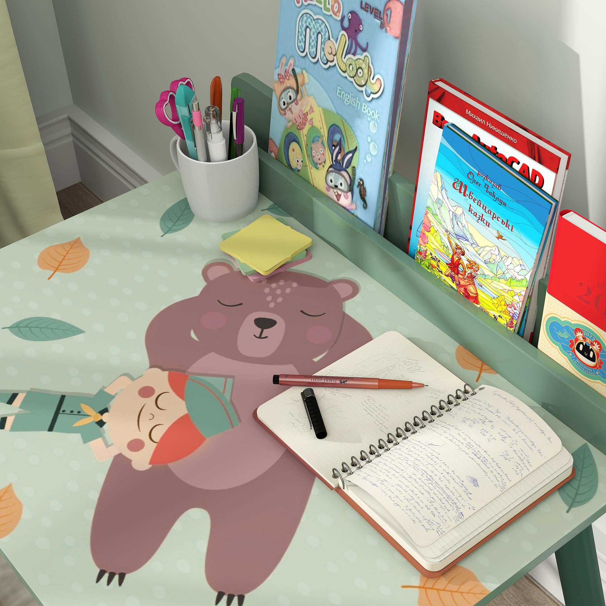 AIYAPLAY Set Sedia e Tavolino per Bambini con Ripiano Portaoggetti, Banco Scuola e Sedia in MDF e Legno di Pino, per Cameretta, Stanza da Gioco, Camera da Letto, Verde
