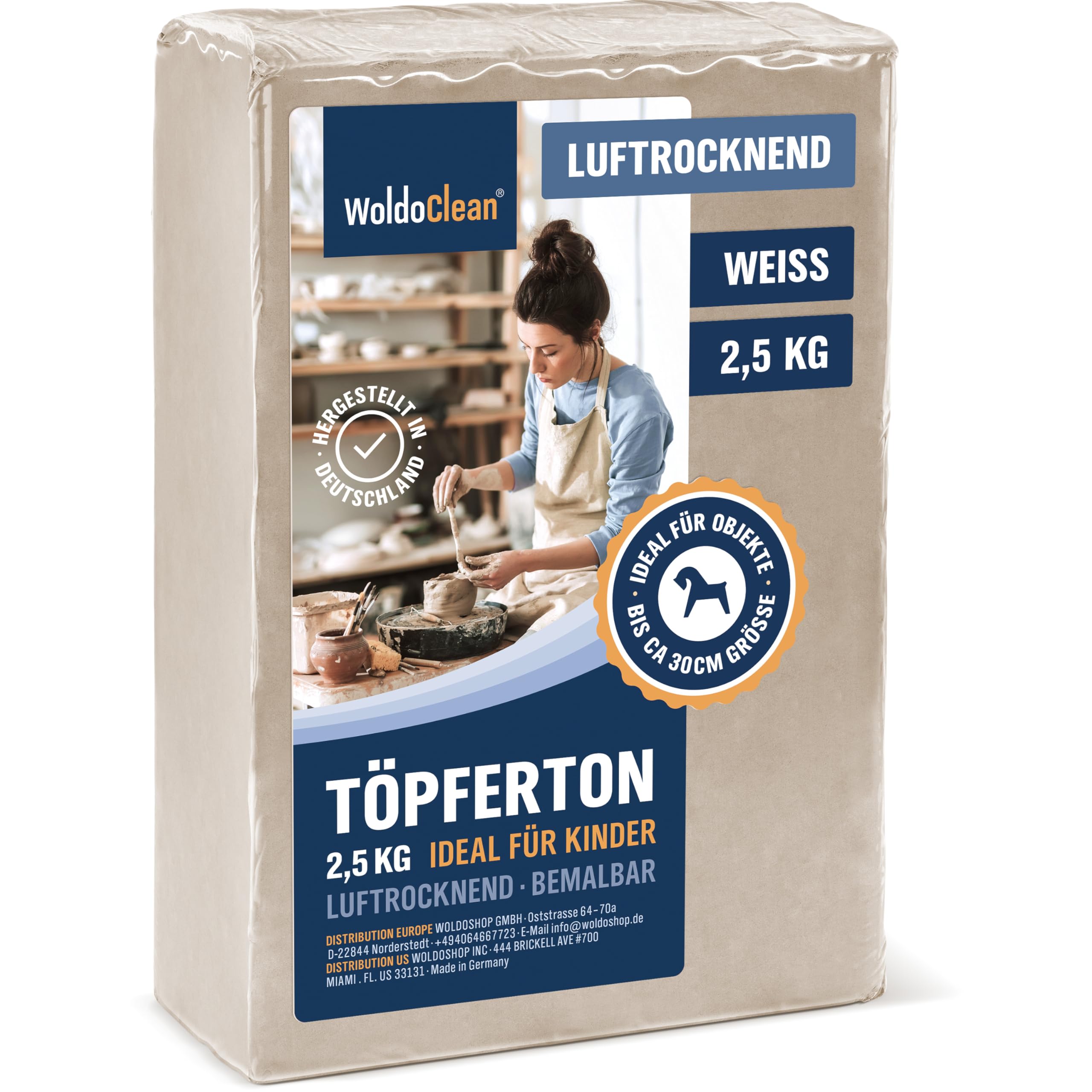 WoldoClean Modelliermasse & Töpferton lufttrocknend Weiß 2,5 kg - Air Dry Clay, Ton ohne Brennen, selbsthärtend & rissfest