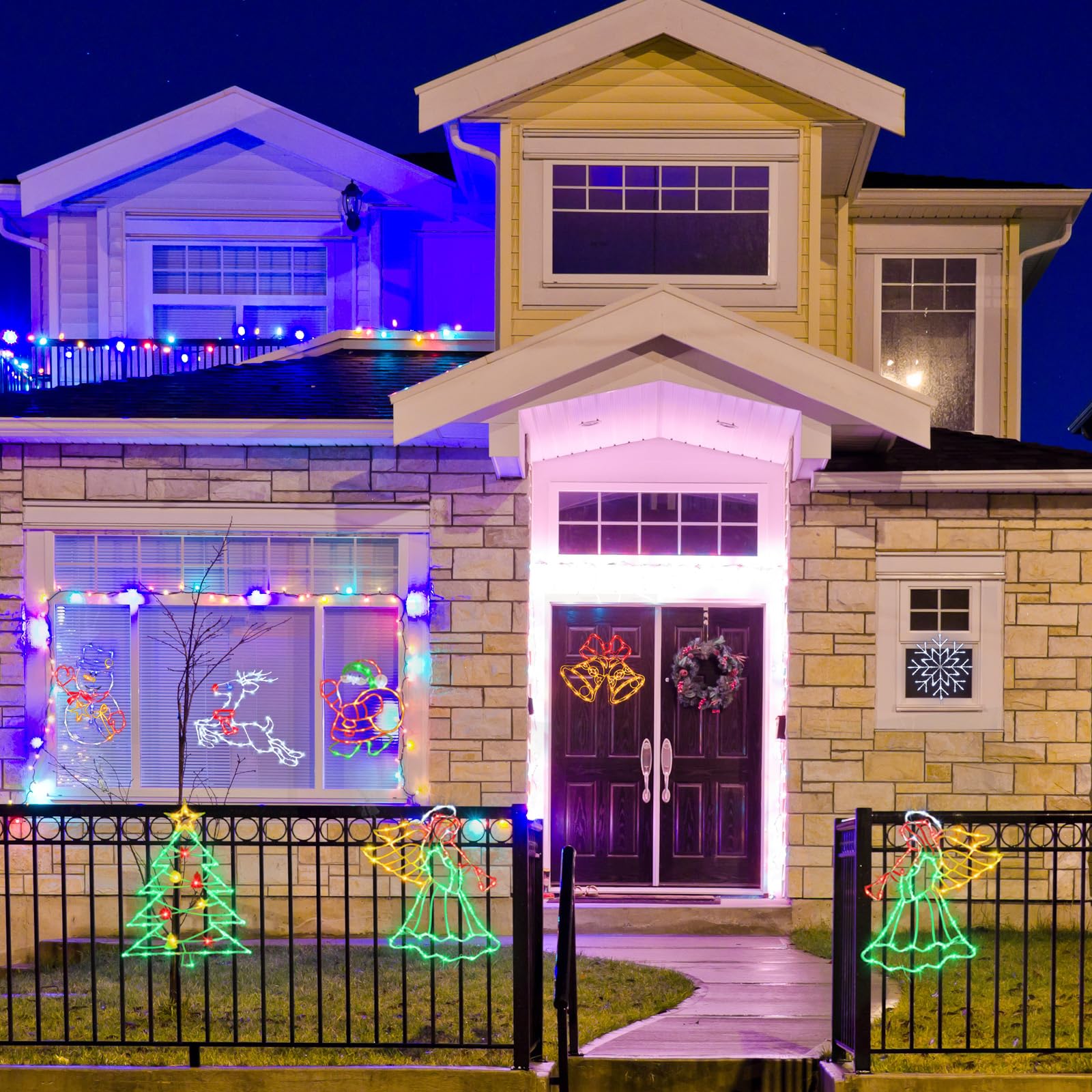 TRWYMZ 4 Stück Bunte LED Weihnachts-Fensterbeleuchtung mit EU-Stecker | LED Weihnachtsfiguren (Weihnachtsbaum, Rentier, Glocke, Weihnachtsmann) für Innen & Außen, Wand, Tür & Fenster