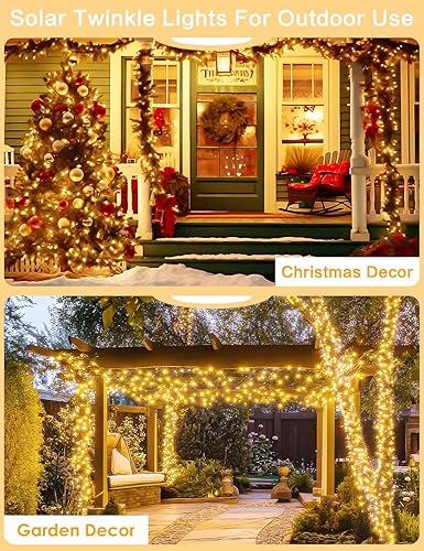 Miniatura 6 de 1 paquete de luces blancas cálidas y 1 paquete de luces solares de Navidad multicolor para exteriores, total de 120 pies, 300 luces LED impermeables
