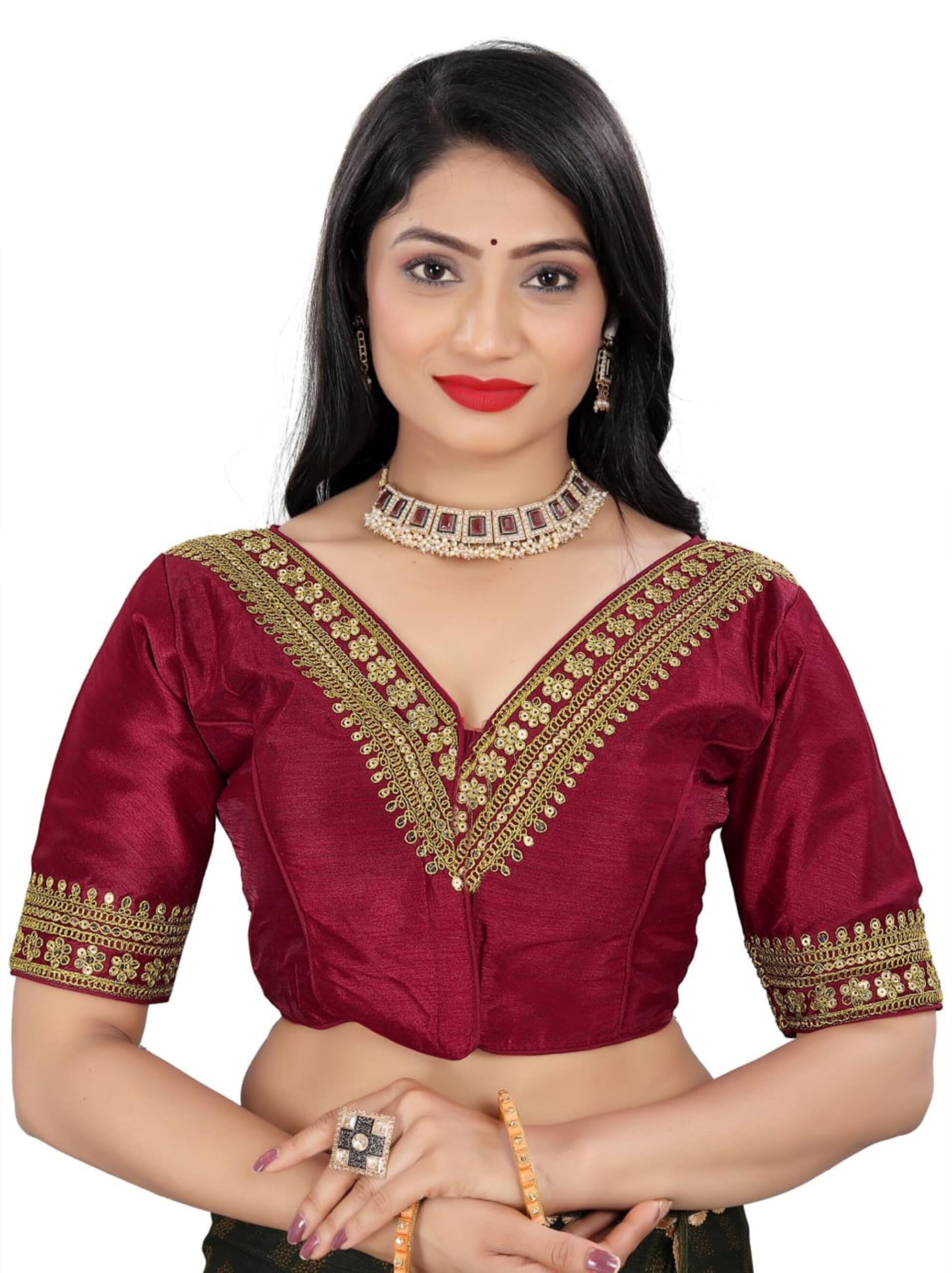 Women's Silk Banglory Heavy Embroidery Blouse - V Neck Front & Back, Short Sleeve, Padded, Sequins & Cording Work with Tassels - Ready Size 38-Alterable 36-40-image-30