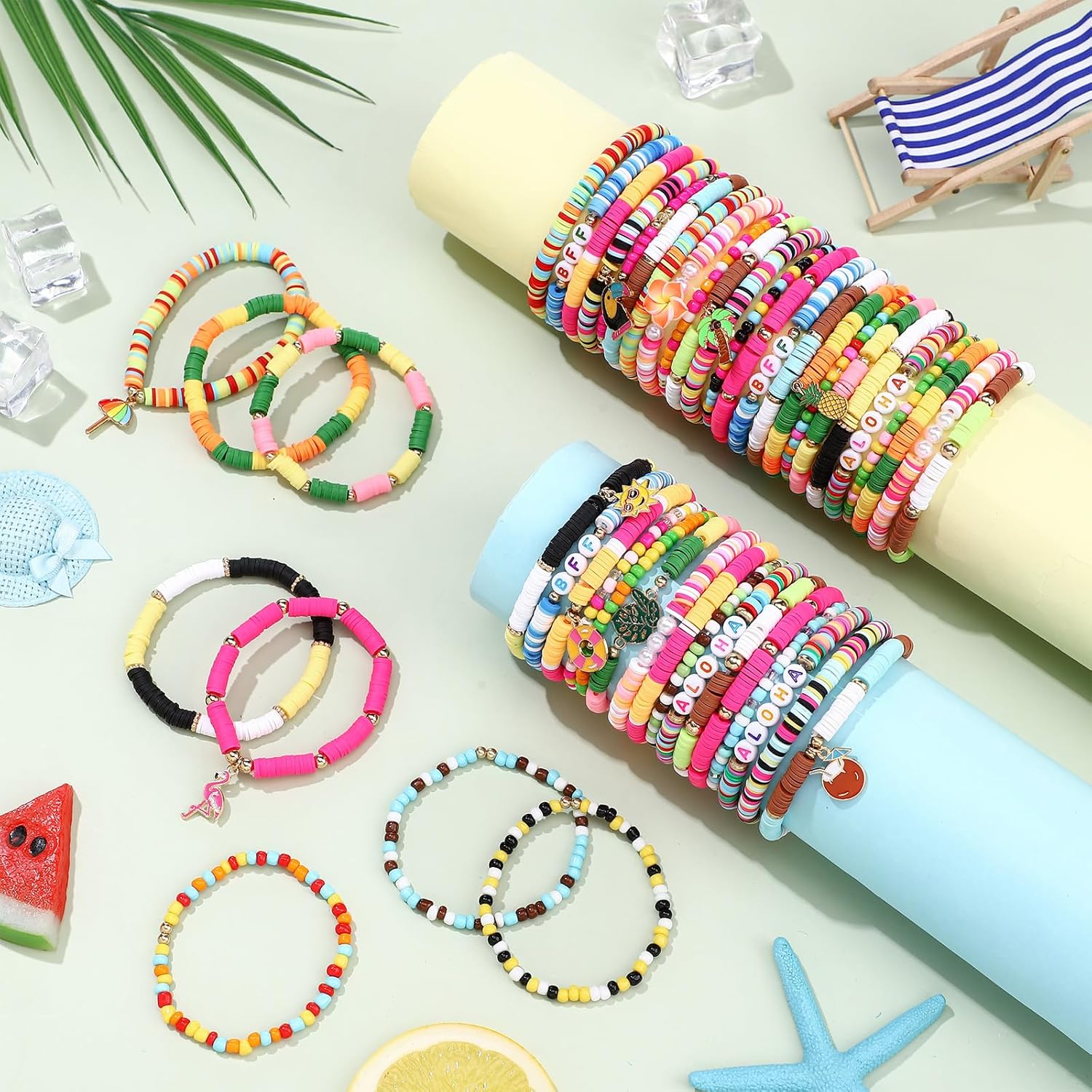 48 Pcs Aloha Hawaiian Friendship Bracelets, Luau Summer Party Supplies Beach Bead Bracelets Bulk Gifts Stackable Beaded Preppy Jewelry Accessories Goodie Bag Stuffer Beach Favors for Birthday Hawaiian