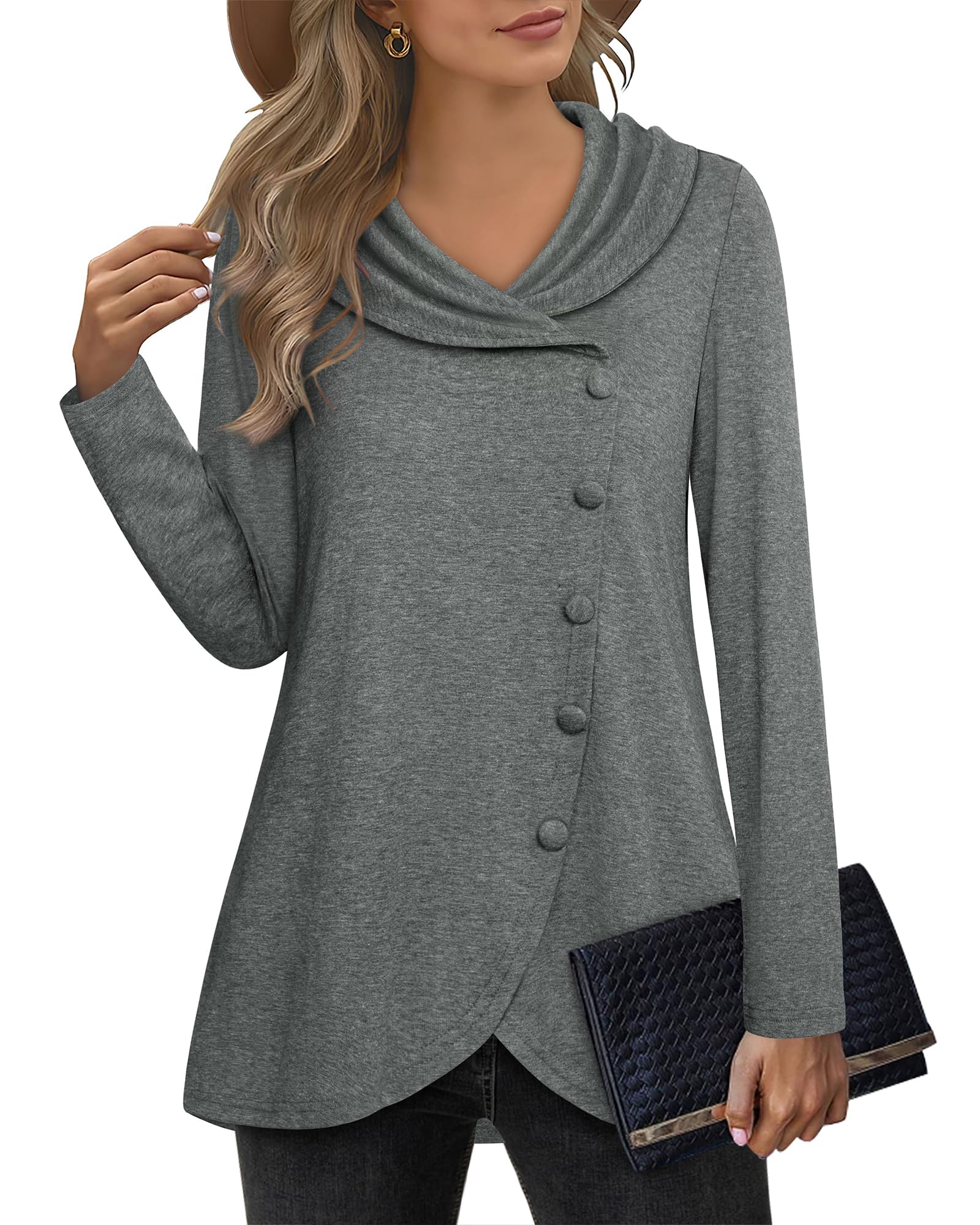 VALOLIAWomens Long Sleeve Tops Fall Winter Buttons Side Tulip Hem Lapel Pullover Sweatshirt