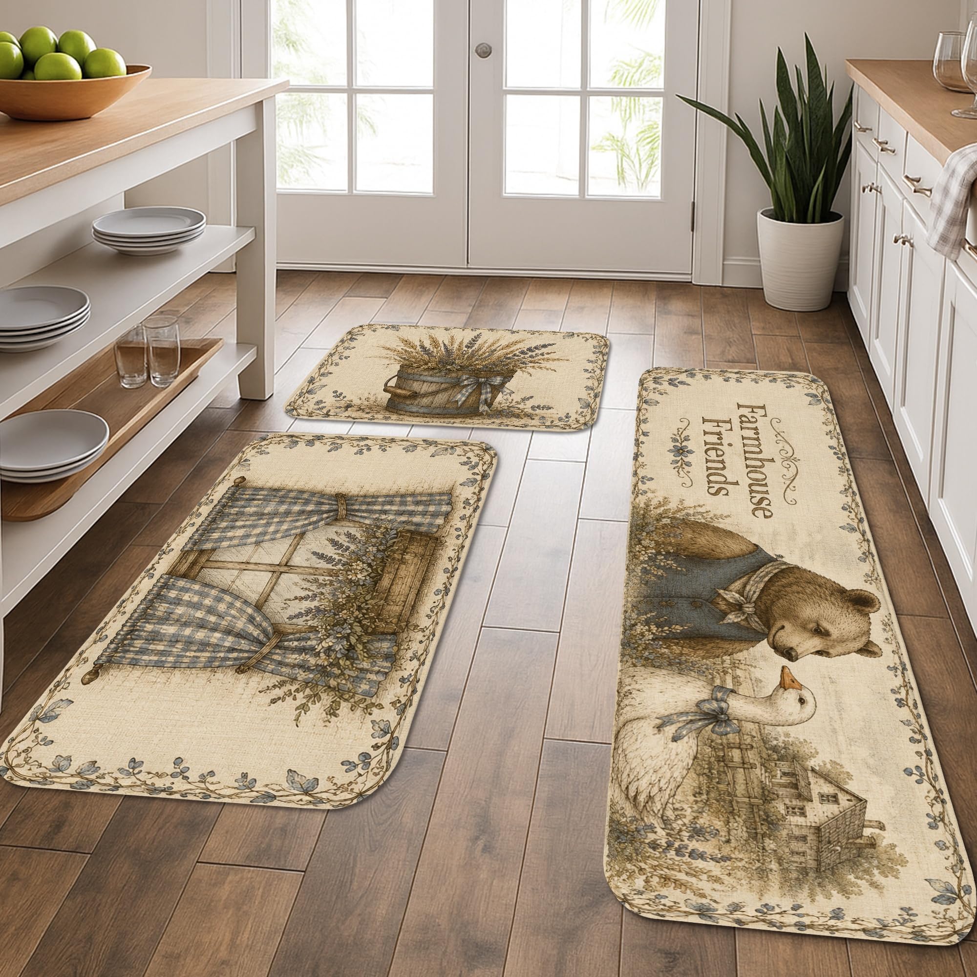 Tapis de cuisine vintage Farmhouse Friends lot de 3 pour sol lavable