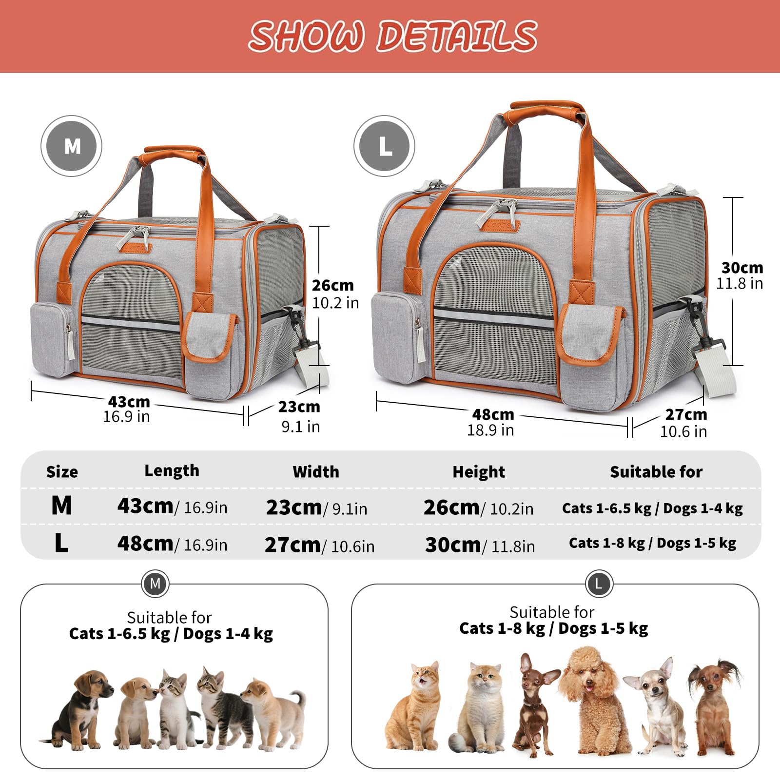 PETCUTE Sac Transport Chat Chien,Respirant Sac de Transport pour Animaux de Compagnie avec Tapis en Laine Lavable,Sac de Transport pour Chat Chien avec Bandoulière Réglable,Bandes Réfléchissantes