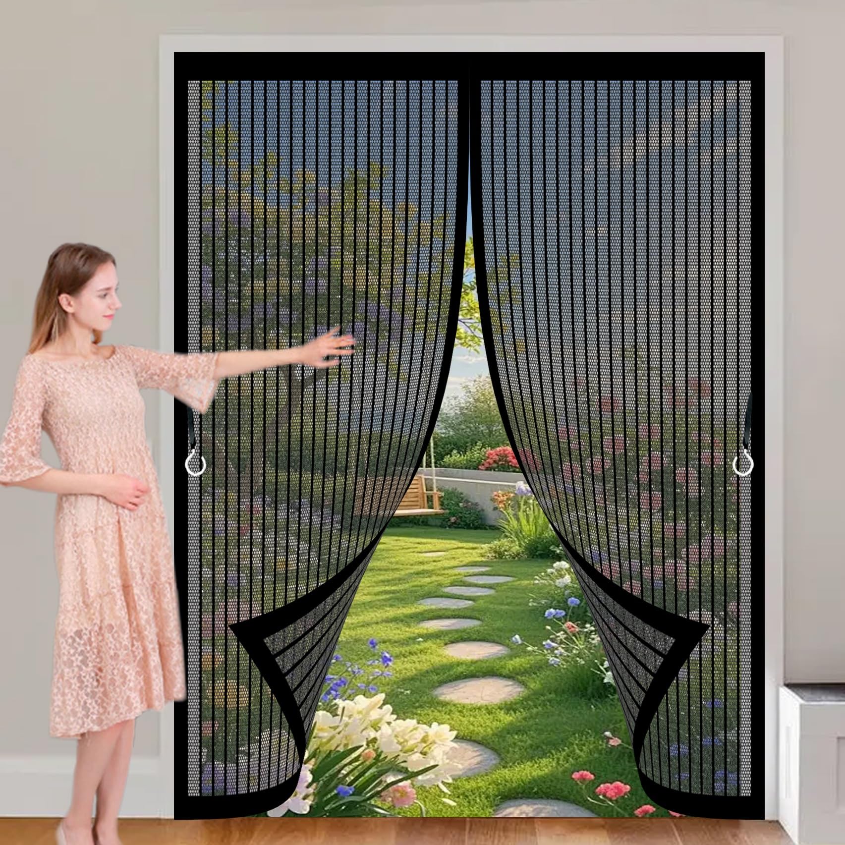 Xueqxue Black Magnetic Screen Door 116 X 135 Cm With Powerful Magnets & Full Frame Magic Tape, Keep Bugs Out & Lets Fresh Air In Magnetic Fly Screen Curtain For Patio Doors Bedroom,