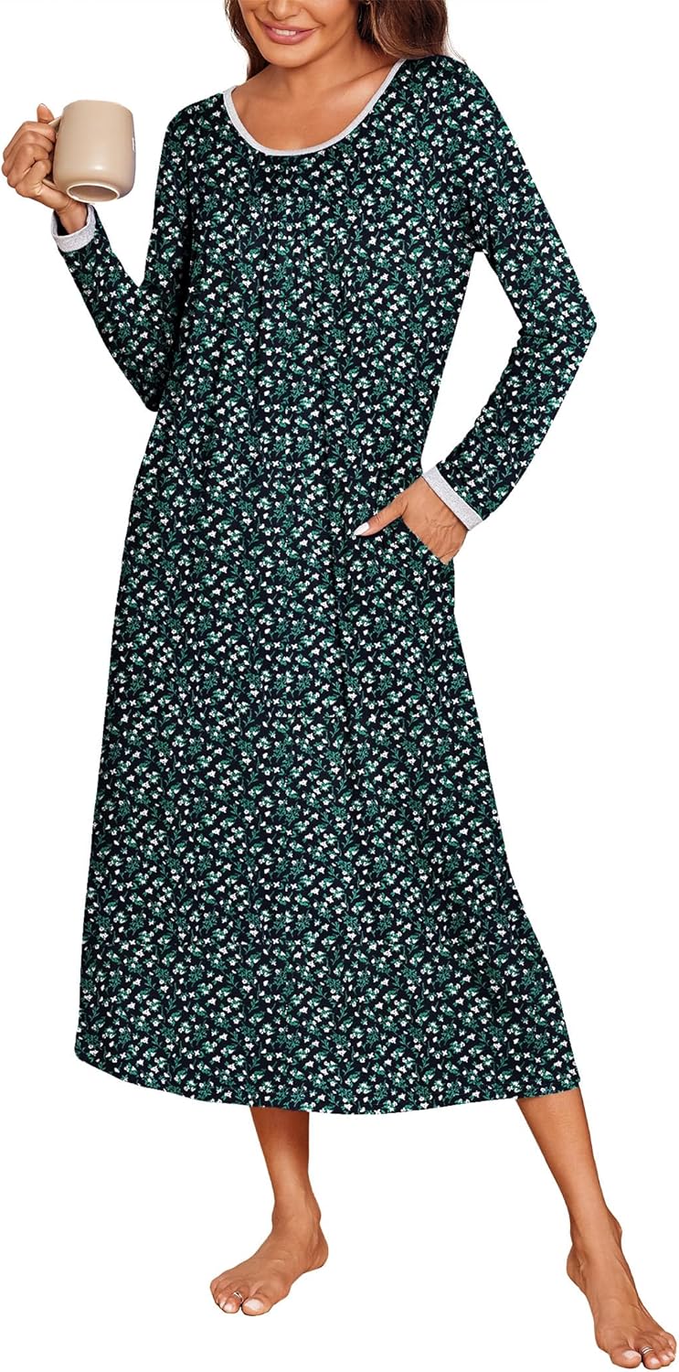 Ekouaer Long Nightgowns for Women Long Sleeve Sleepshirts Loungewear Casual Sleepwear Loose Sleep Dress with Pockets