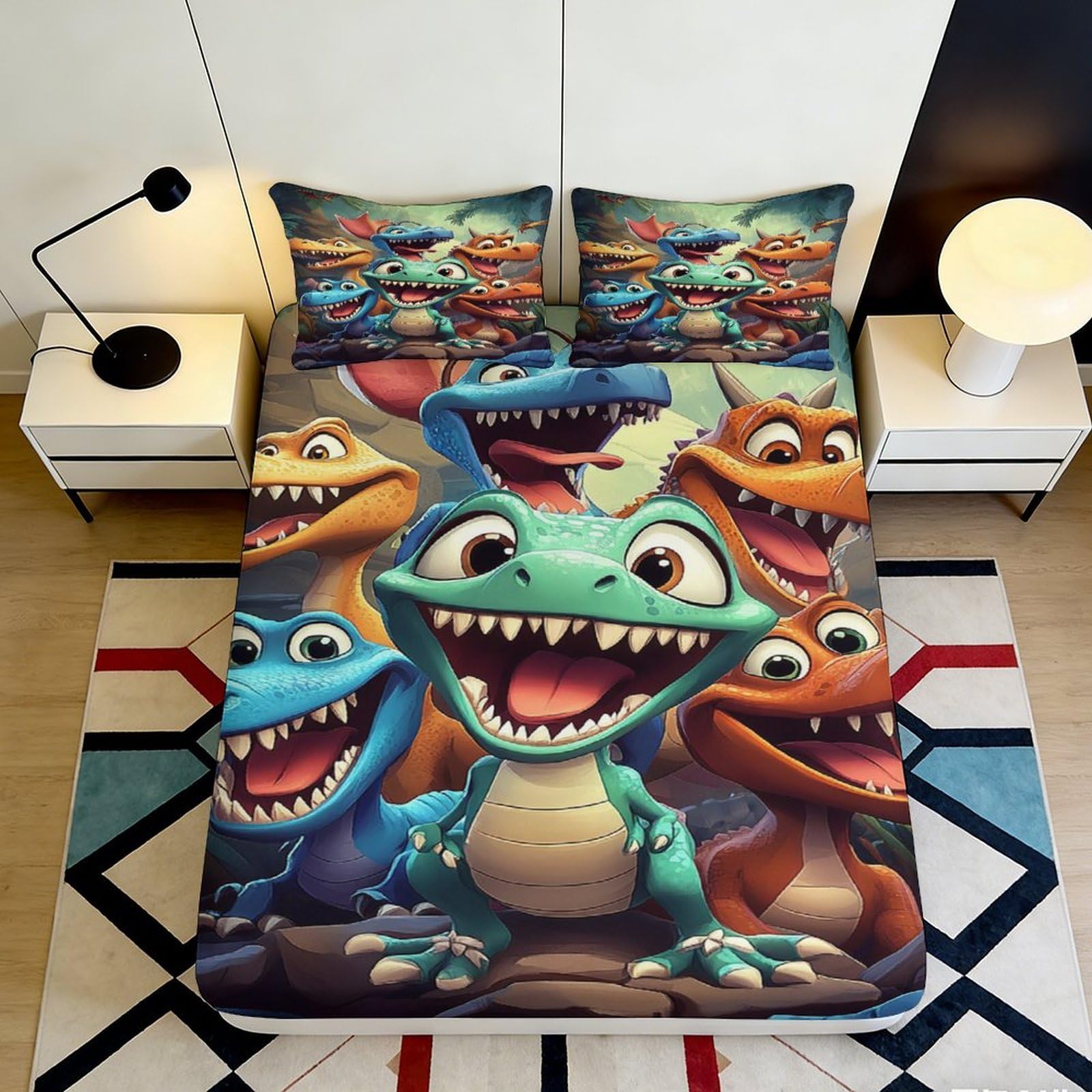 3D Printed Cartoon Dinosaur Fitted Sheet Microfiber Deep Pocket Elastic Hem Bedroom Bedding Cartoon Dinosaur Mattress Fitted Cover Washable 90x200x25cm