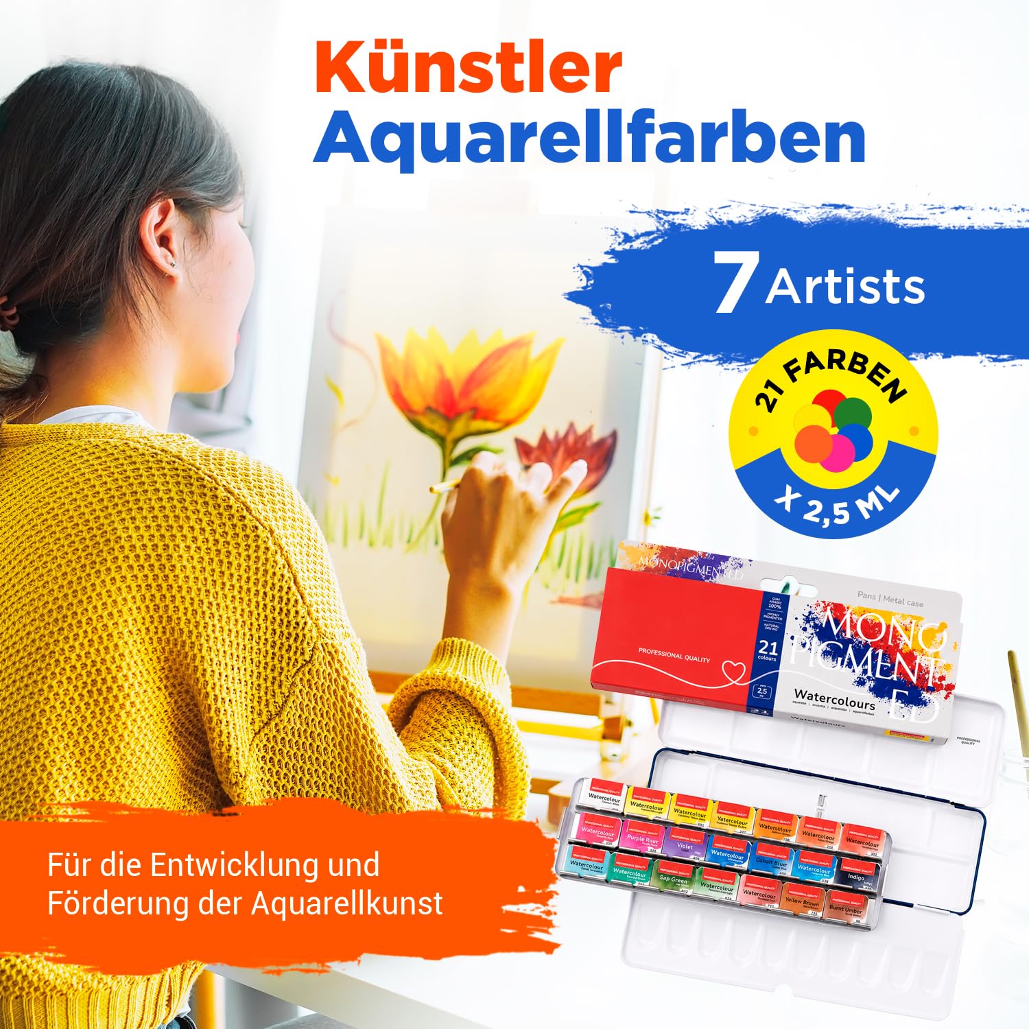 Aquarellfarben Set – 21 x Näpfchen Rosa Gallery Monopigment Aquarell | Professionelle Aquarell Set in Metallkasten | Hochwertig Künstler Aquarellkasten | Aquarellfarbe Wasserfarben