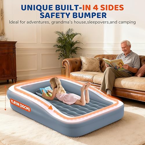 Miniatura 2 de Cama inflable de viaje para niños pequeños, colchón de aire portátil para niños con seguridad de 4 lados, colchón inflable de viaje con bomba