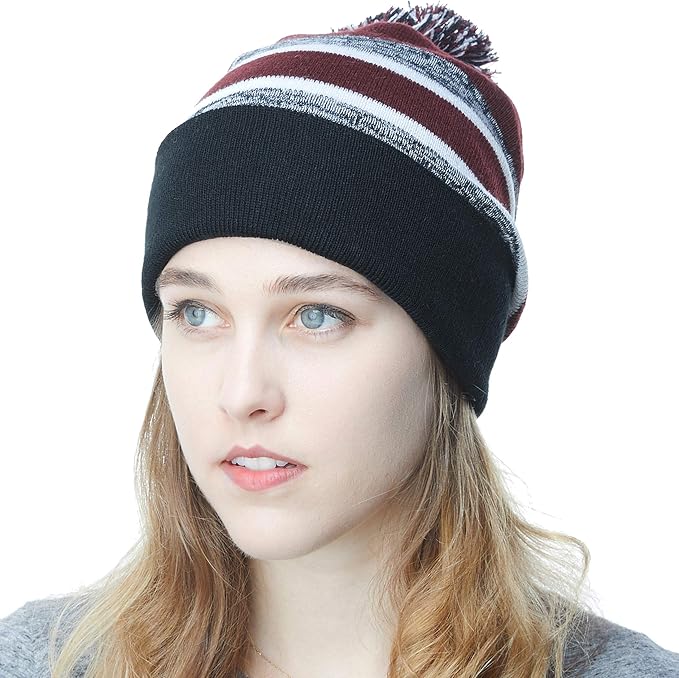 Pom Pom Stripe Knit Beanie 