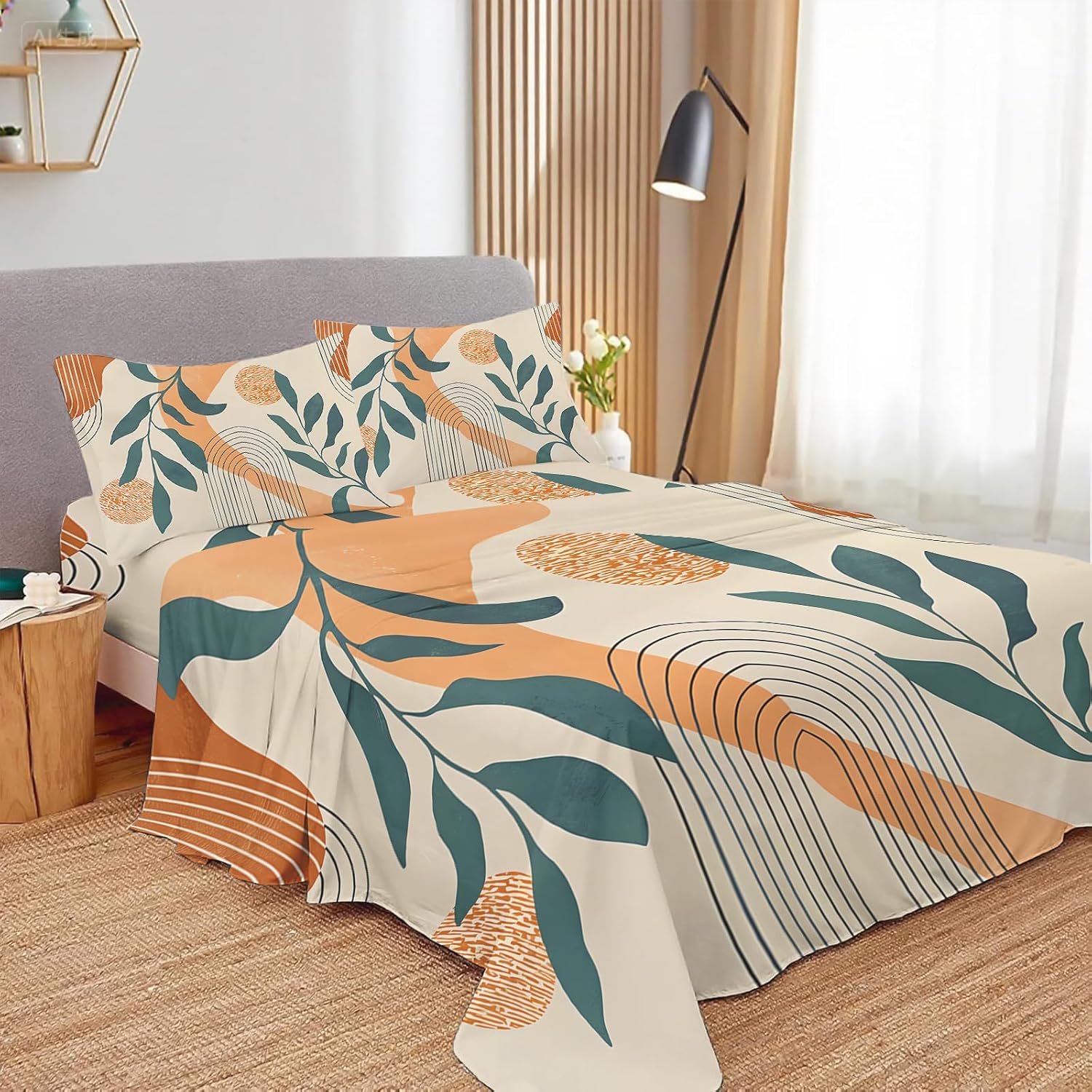 Mid Century Boho Twin Sheets Set - 4 PC Bohemian Arch Leaves Bedding, Extra Soft Cooling Bed Sheets Wrinkle Fade Stain Resistant Fabric