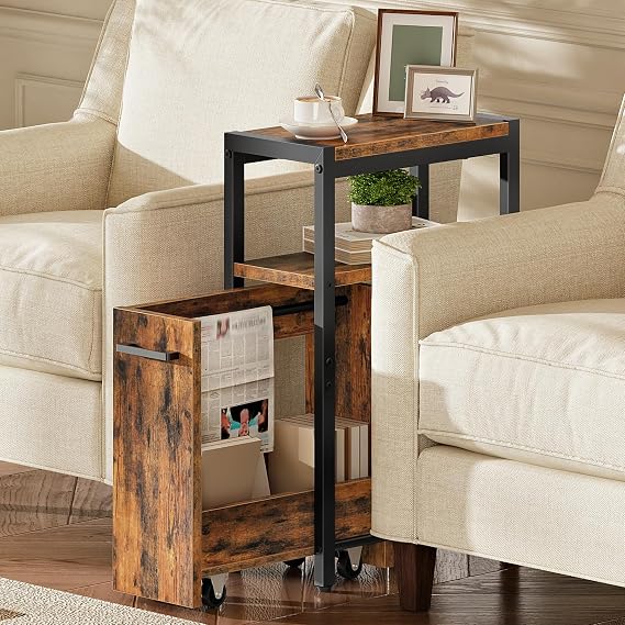 HOOBRO Narrow Side Table, 3-Tier Slim End Table with Pull-Out Drawer for Small Spaces, Industrial Storage Shelf with Wheeled Drawer for Living Room, Bedroom, Rustic Brown and Black EBF56BZ01