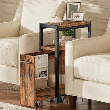 HOOBRO Narrow Side Table, 3-Tier Slim End Table with Pull-Out Drawer for Small Spaces, Industrial Storage Shelf with Wheeled Drawer for Living Room, Bedroom, Rustic Brown and Black EBF56BZ01