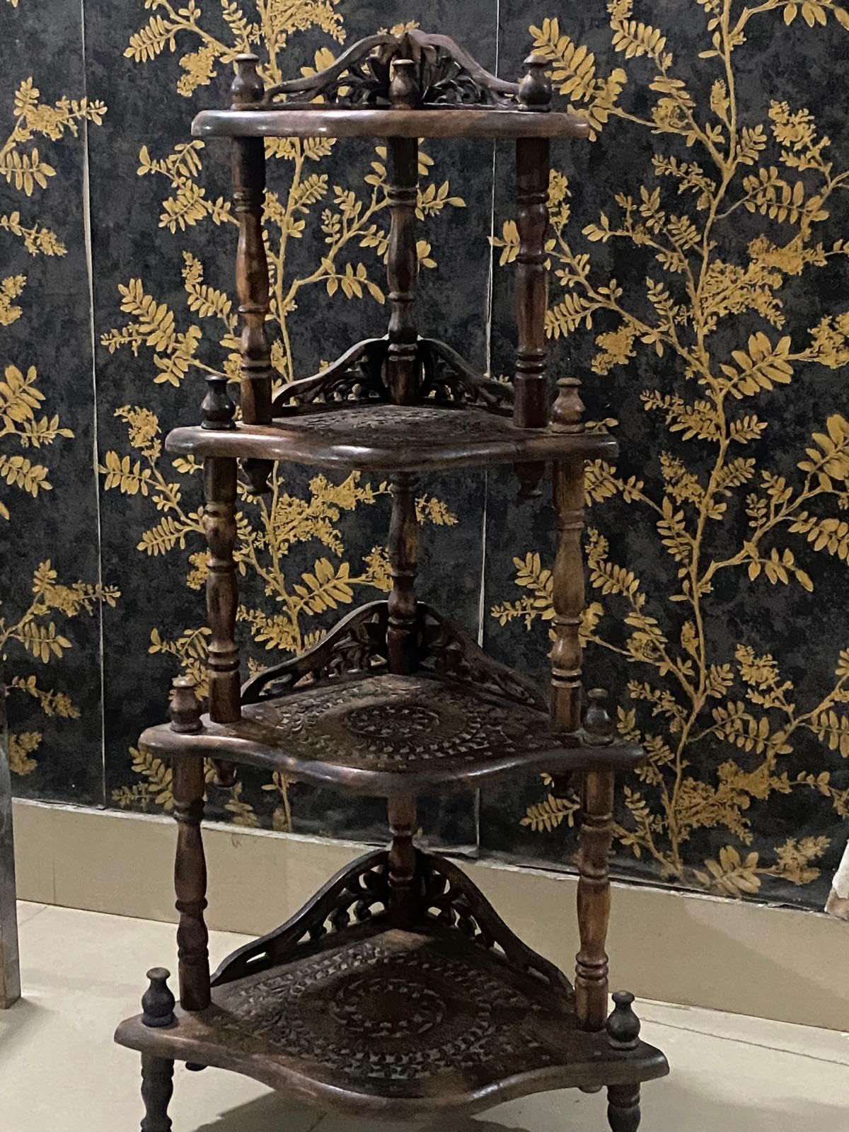Vintage Corner Display Shelf, 4-Tier Carved Wood Stand, Dark Brown