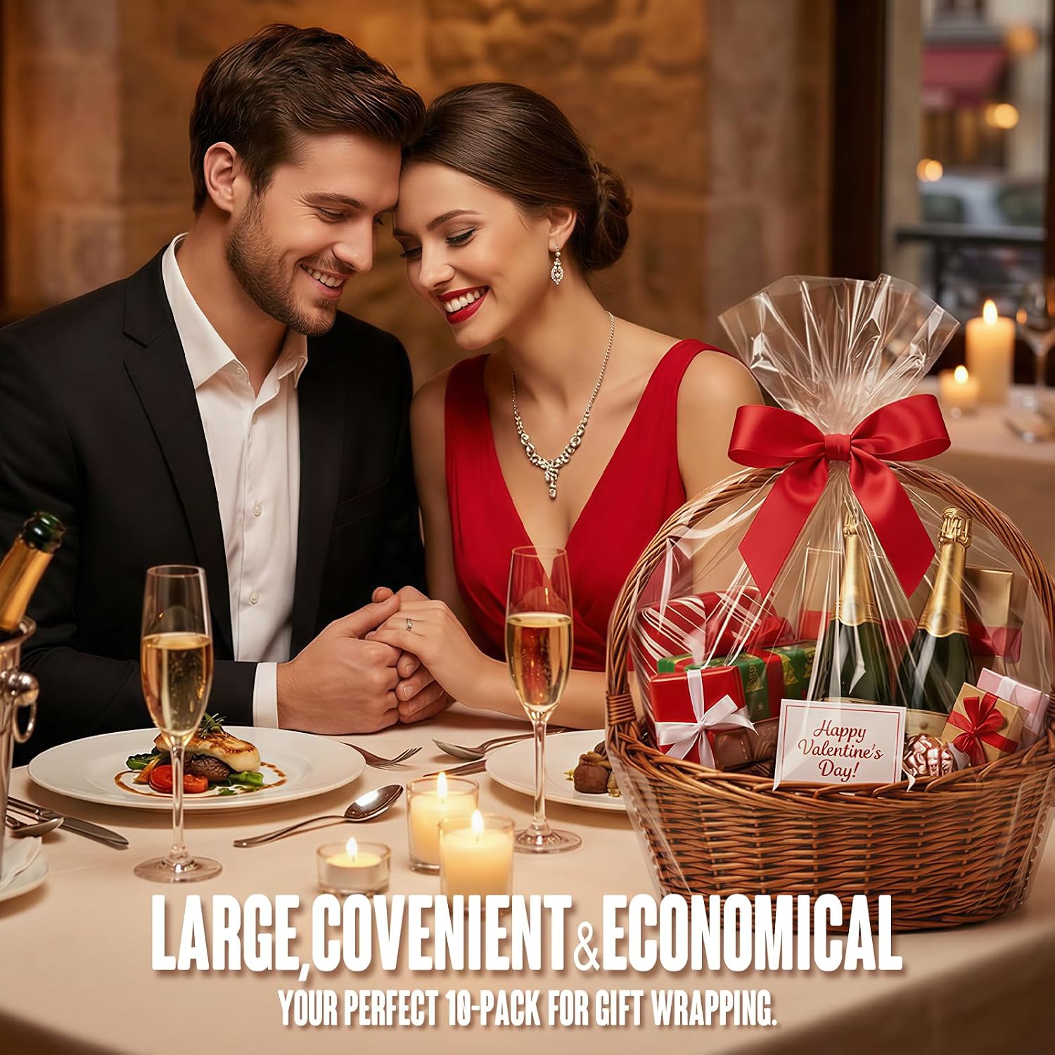 ETIONFUN Large Cellophane Bags for Gift Baskets, 30x 40 Inches Plastic Wrapping Bags, Clear Cellophane Wrap for Christmas, Large 10 Pcs(No ribbon Included)