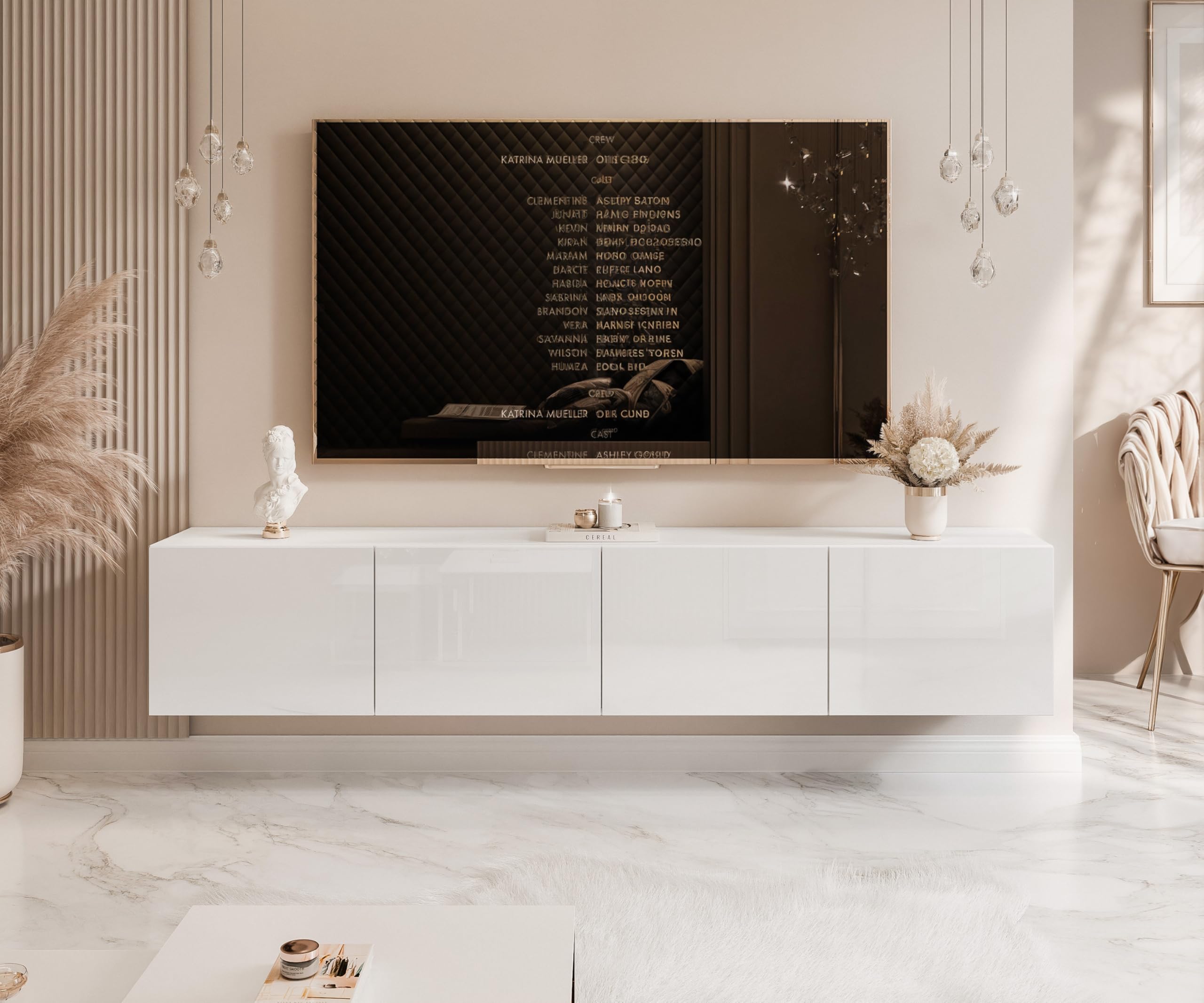 200 cm Meuble TV Suspendu 200 cm avec Rangement et LED - Meuble TV Mural avec 4 Compartiments Spacieux