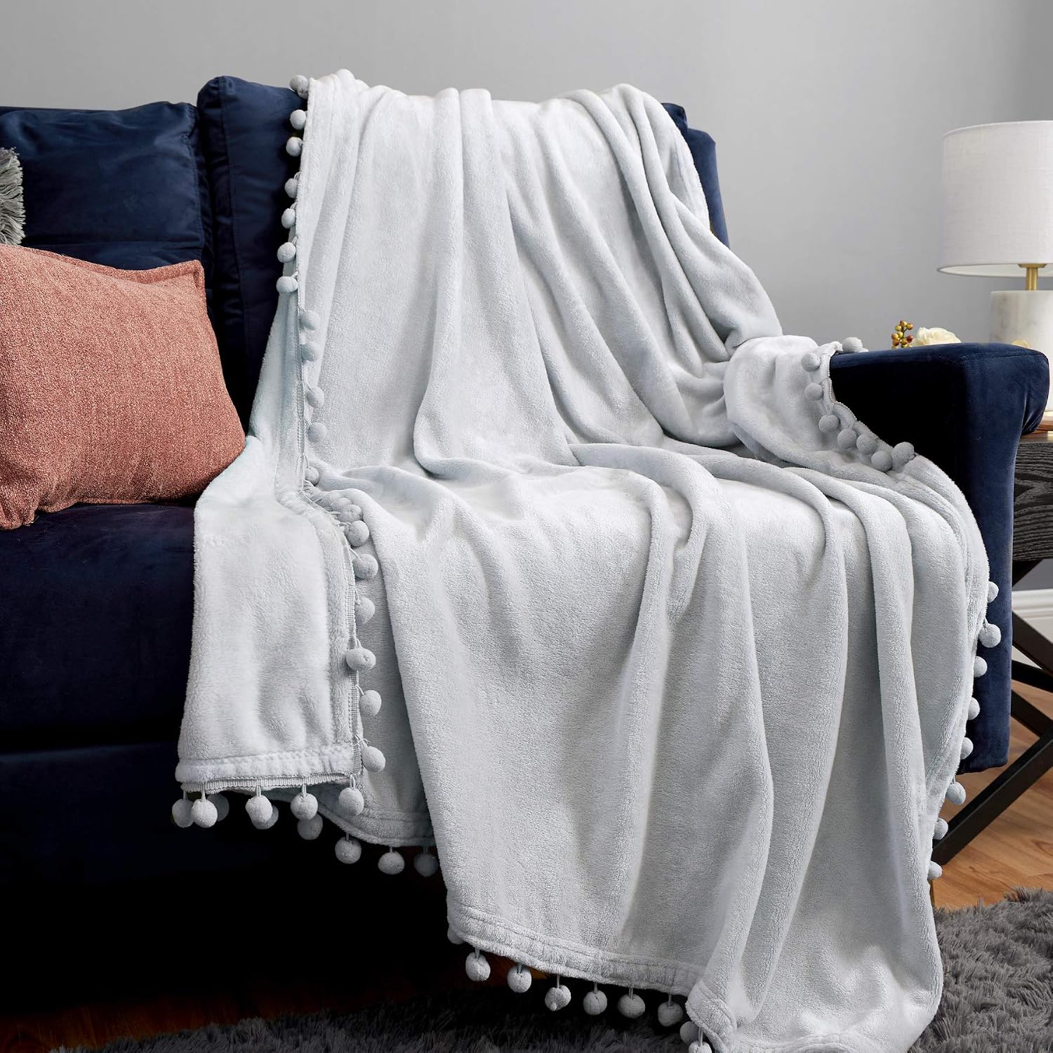 Bedsure Fleece Throw Blanket Pom Pom Blankets - Light Grey Throw Blanket for Couch - Cute Cozy Plush Throw Blanket Twin Size (Light Grey, 60" x 80")