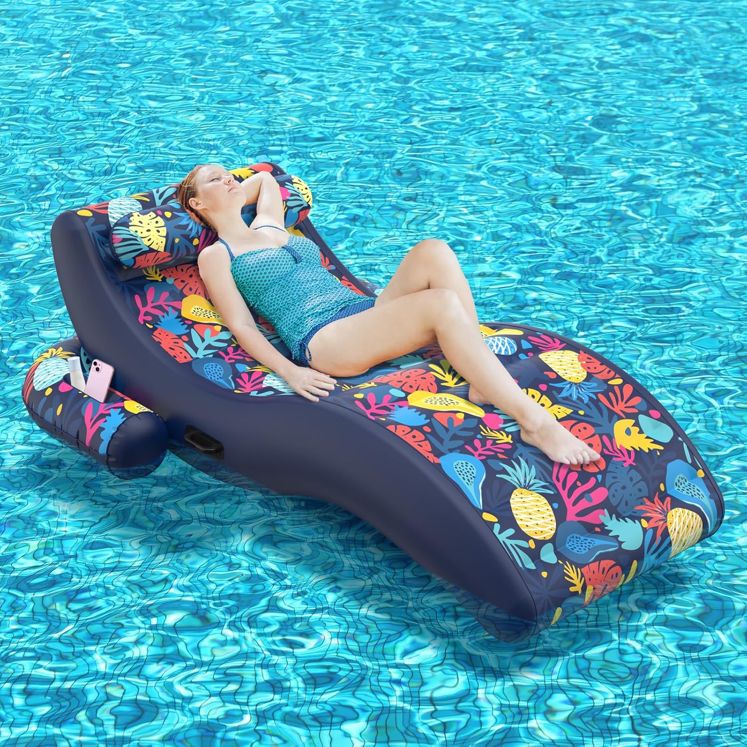 2-in-1 Pool Floats, Inflatable Pool Floats Adult Lounge Chair with Cup Holder Tanning Pool Float, Heavy Duty Water Float Raft for Pool Float