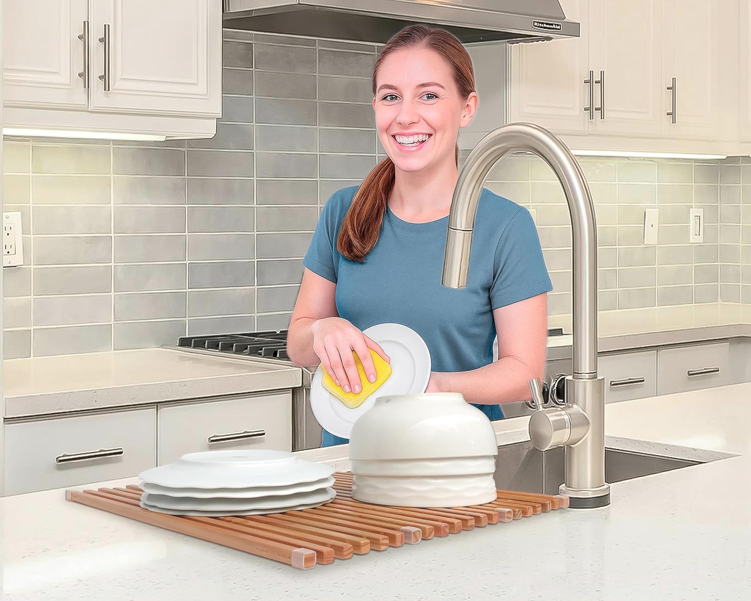 Roll Up Wooden Drying Rack Over The Sink Kitchen, Cover Sink Dry Dishes Bowl Spoon Quickly, Aesthetics and Finishes Coating, Neat Design Stain-Resistant Easy to Dry (Natural Wood color)