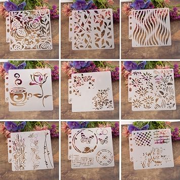 9Pcs Drawing Airbrush DIY Hollow Design PET Plastic Stencil Painting Templates Stencils, Perfect for Textile Design, Wall Decoration, Window, Paper, Scrapbooking, Kids Crafting, 14x13cm/5.51x5.12in